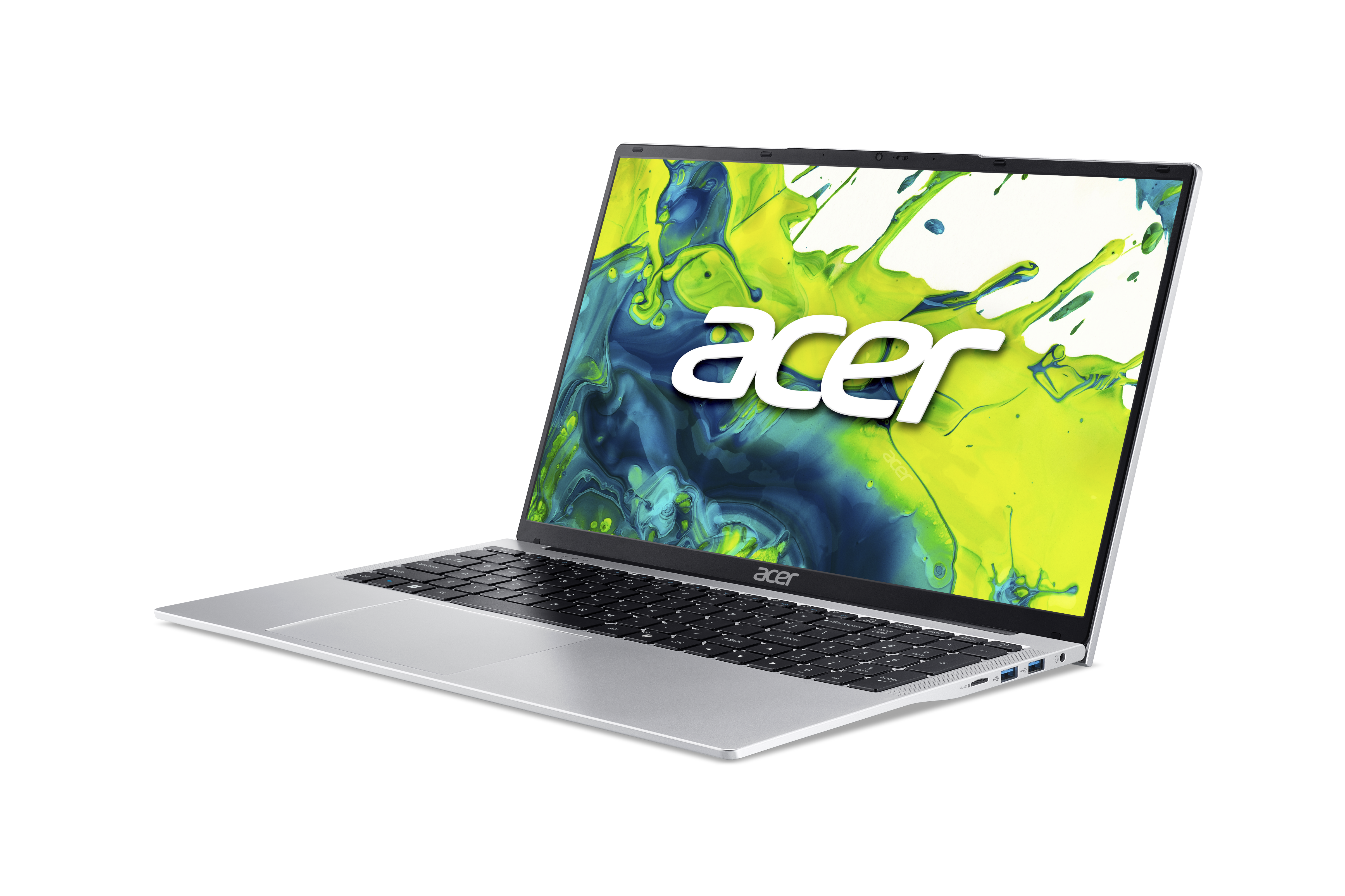 Silberner Acer-Laptop mit farbigem Bildschirm auf schwarzem Hintergrund.