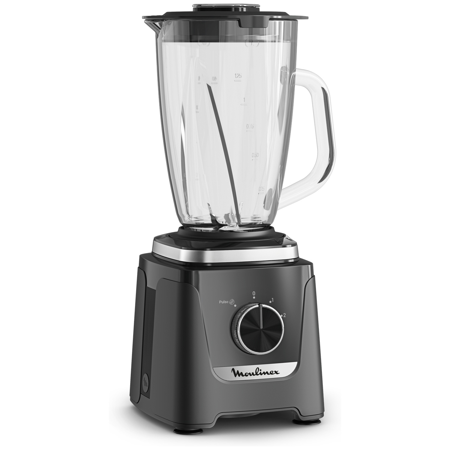 Blender noir Moulinex avec pichet en verre transparent et bouton de vitesse sur fond blanc.