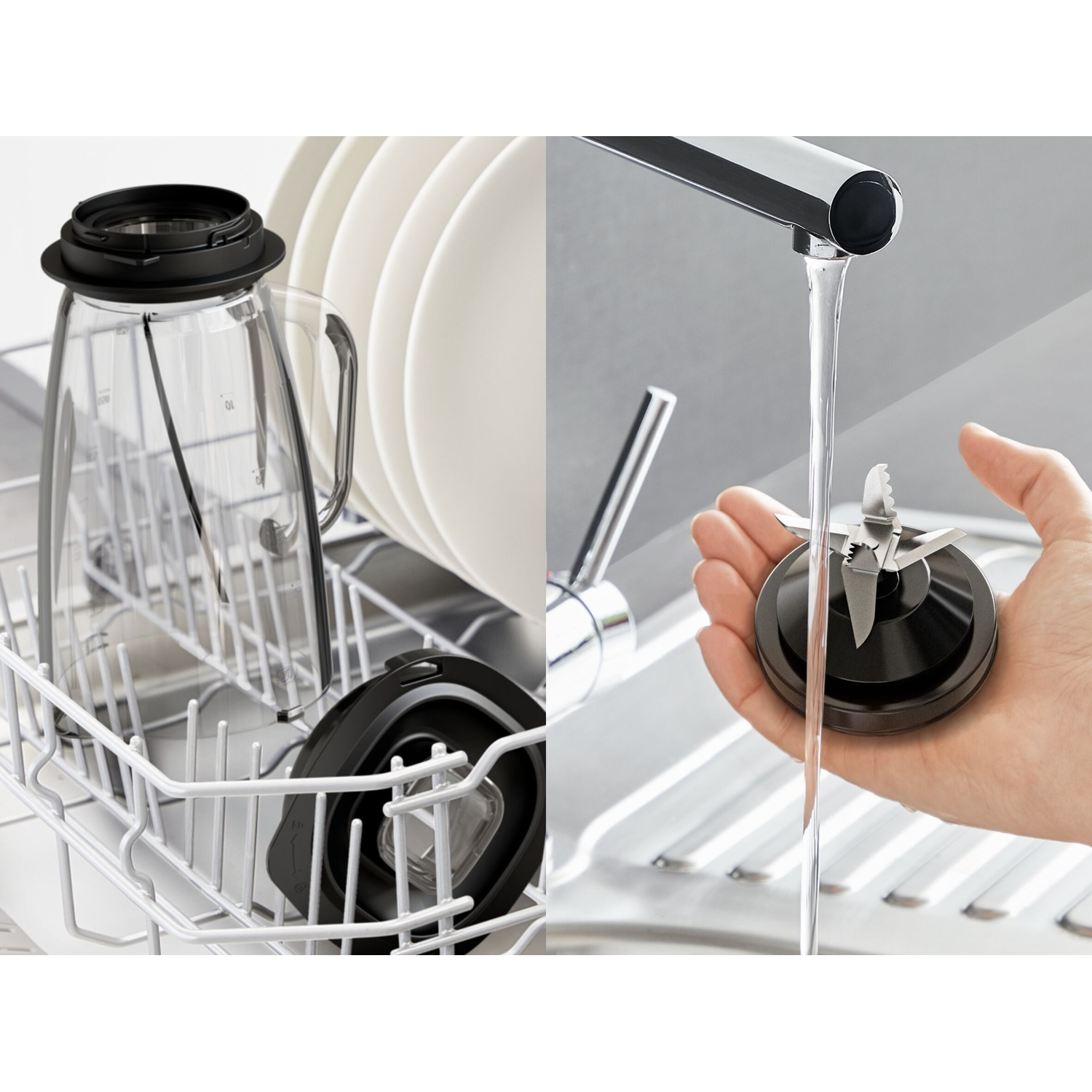 Bol de blender dans le lave-vaisselle et main lavant les lames.