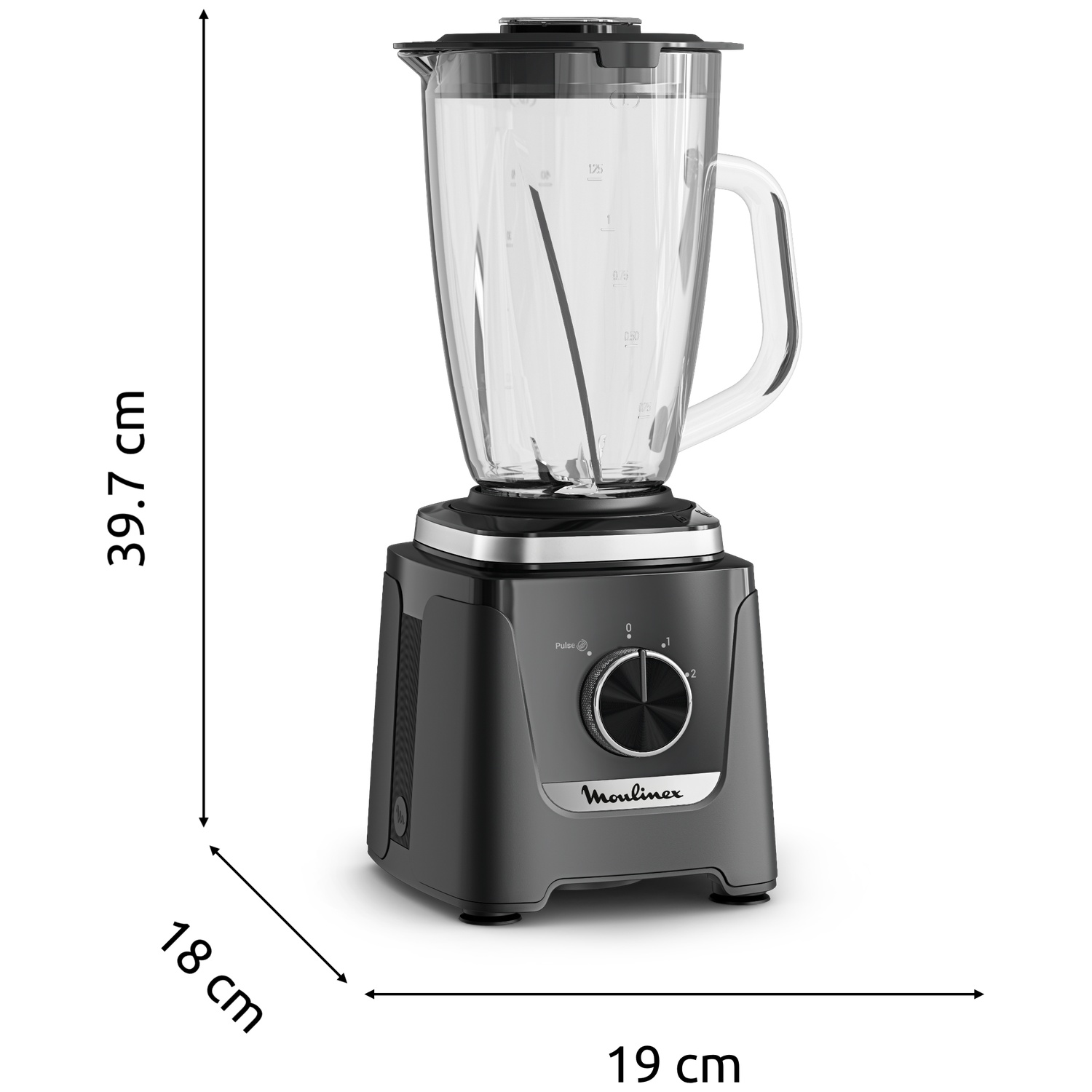 Un blender noir Moulinex mesurant 39,7 cm de hauteur, 19 cm de largeur et 18 cm de profondeur.