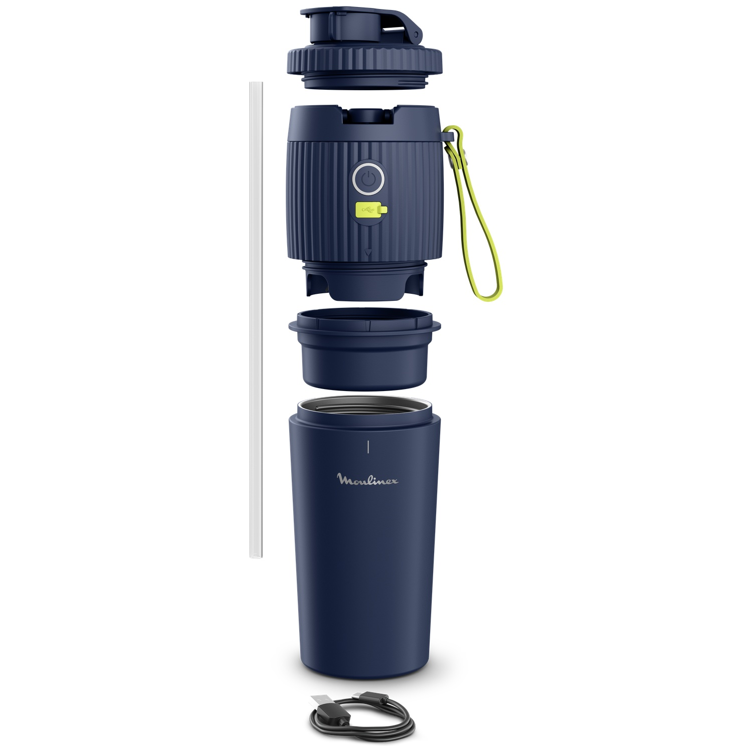 Un blender portable Moulinex bleu démonté en pièces, avec une paille et un câble de charge.