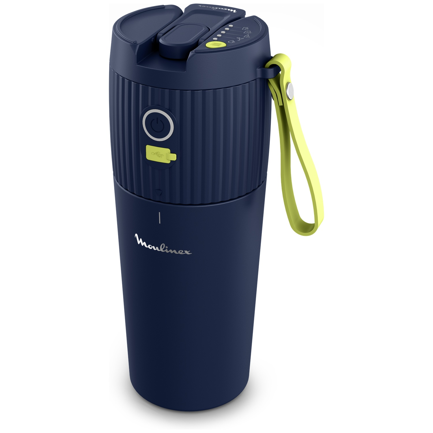 Gourde de voyage Moulinex bleu foncé avec sangle jaune et bouton d'alimentation.