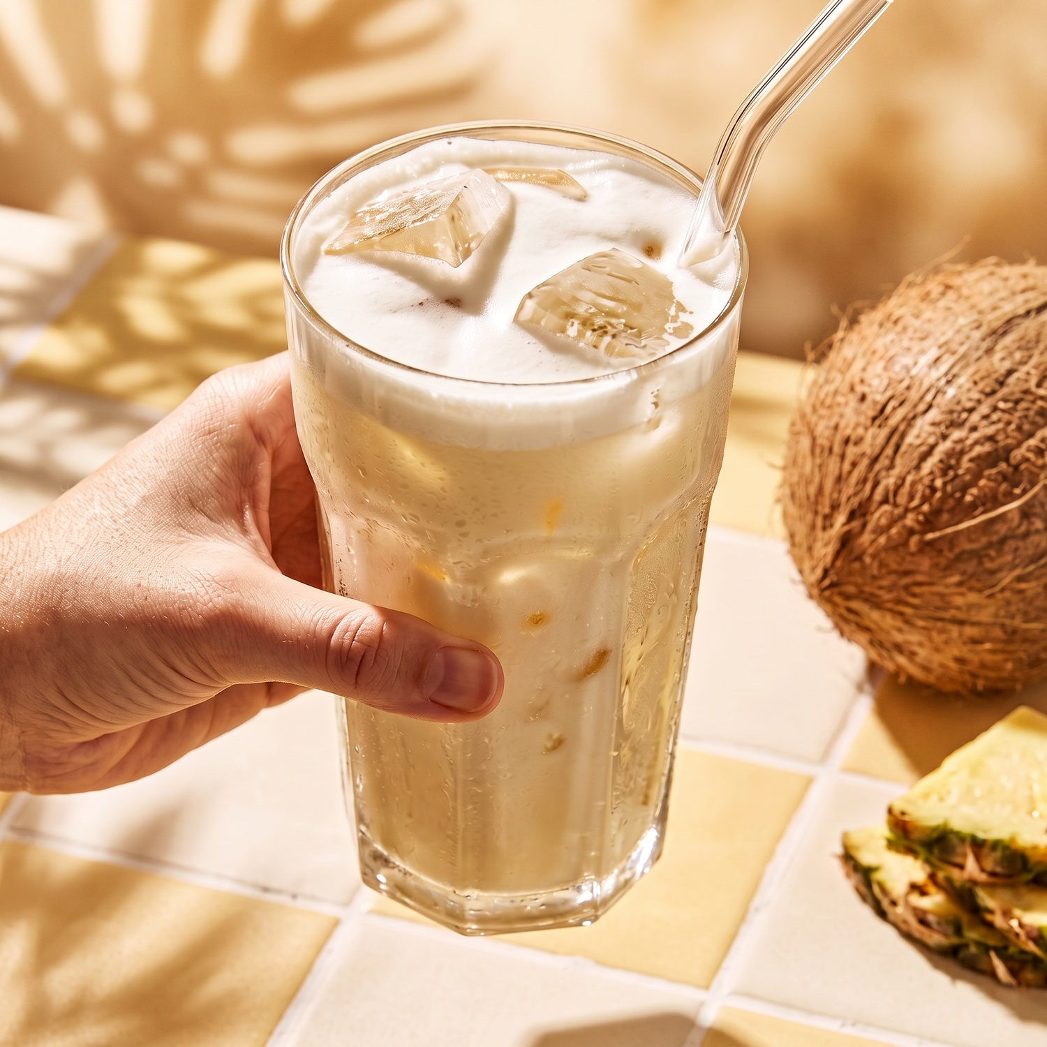 Une main tient une boisson tropicale glacée dans un grand verre, avec une noix de coco et de l'ananas.