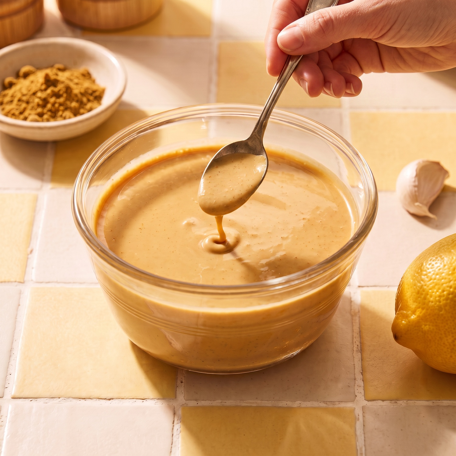 Une main tient une cuillère versant de la sauce tahini d'un bol en verre sur des carreaux jaunes.