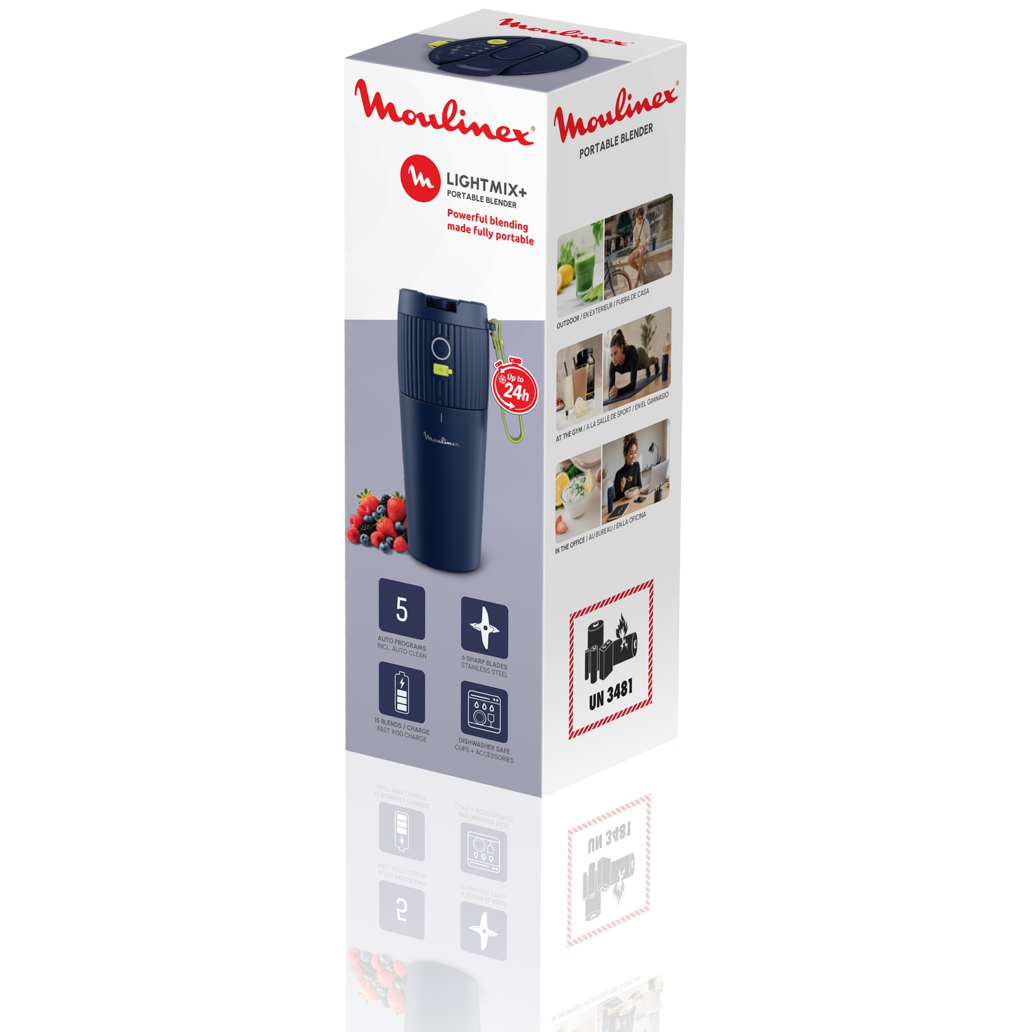 Boîte de blender portable Moulinex Lightmix+ avec appareil bleu, baies et photos de style de vie.