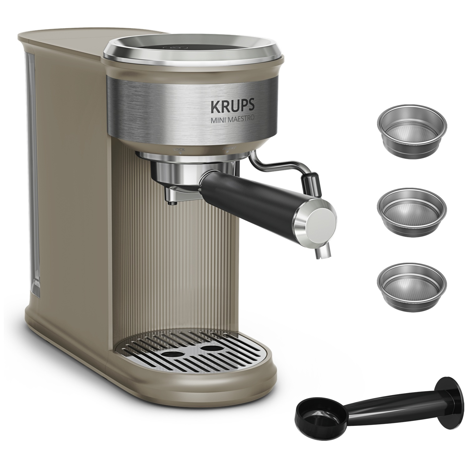 Beige Krups Mini Maestro espressomachine met drie filterbakjes en een tamper op een witte achtergrond.