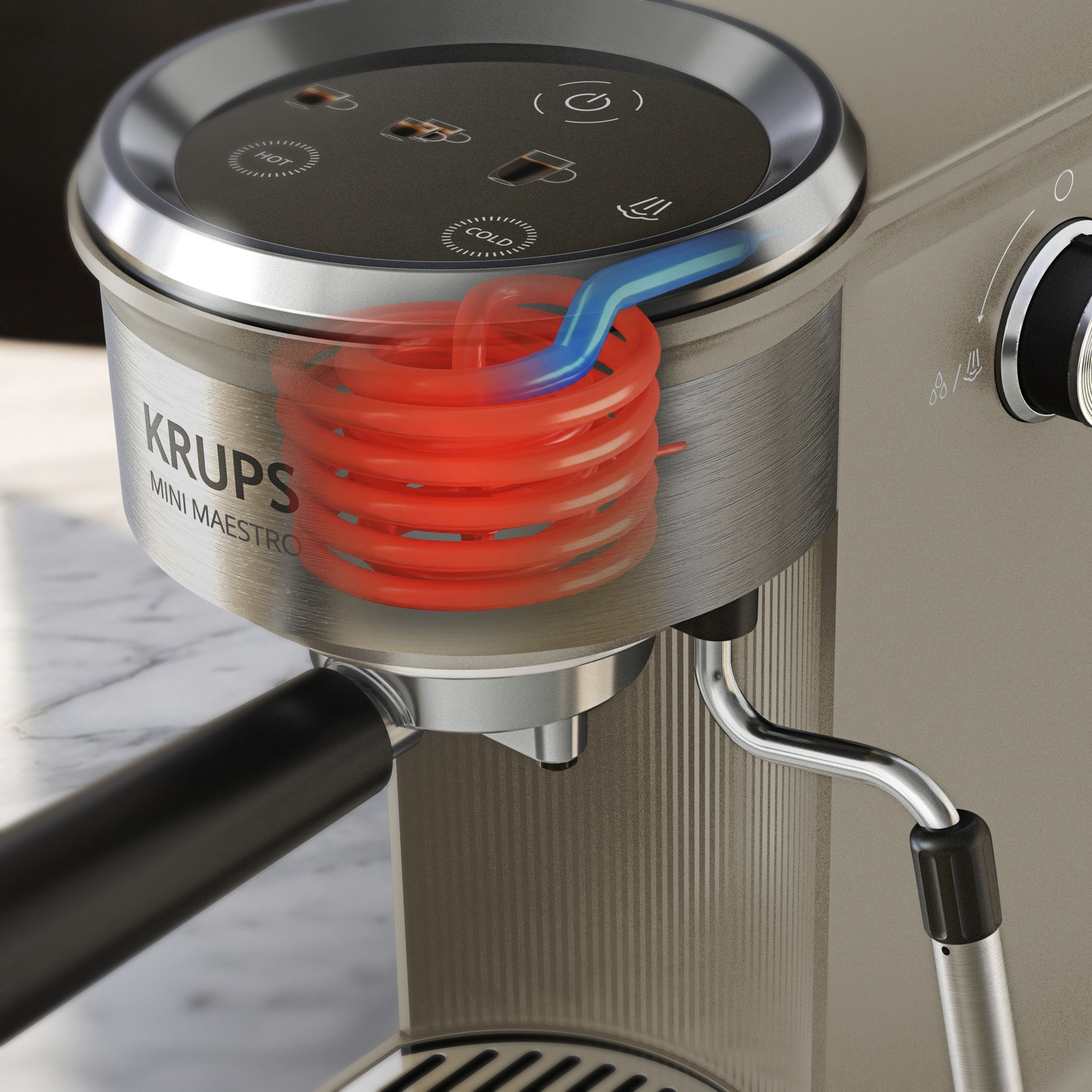 Krups Mini Maestro espressomachine met een gloeiende rode verwarmingsspiraal.