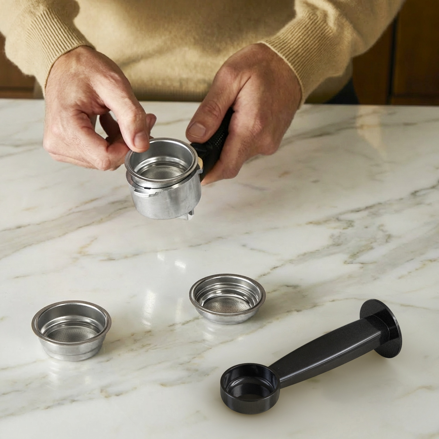 Persoon plaatst koffiefilter in piston op marmeren aanrecht, met nog twee filters en een lepel in de buurt.