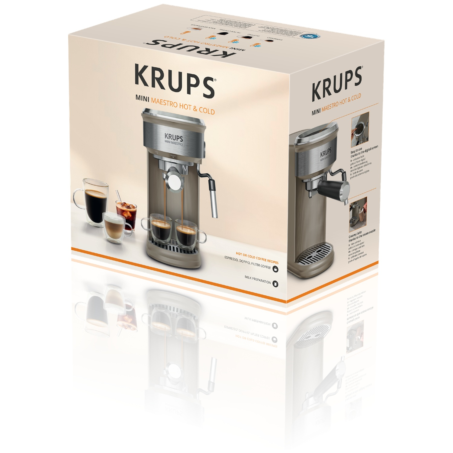 Verpakking van het Krups Mini Maestro Hot & Cold koffiezetapparaat met afgebeelde koffiekopjes op een lichte achtergrond.