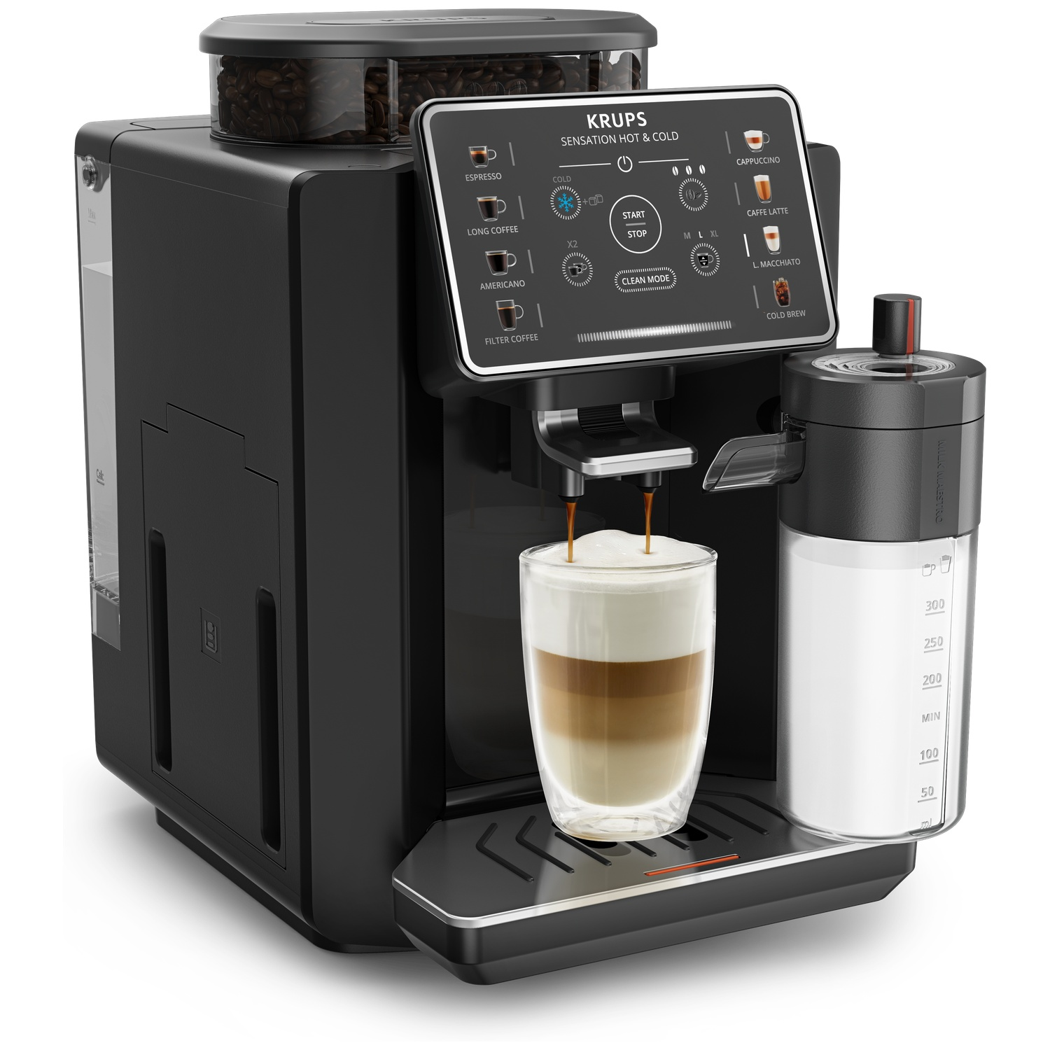 Une machine à café Krups noire préparant un latte dans un verre, avec écran tactile numérique et réservoir de lait.