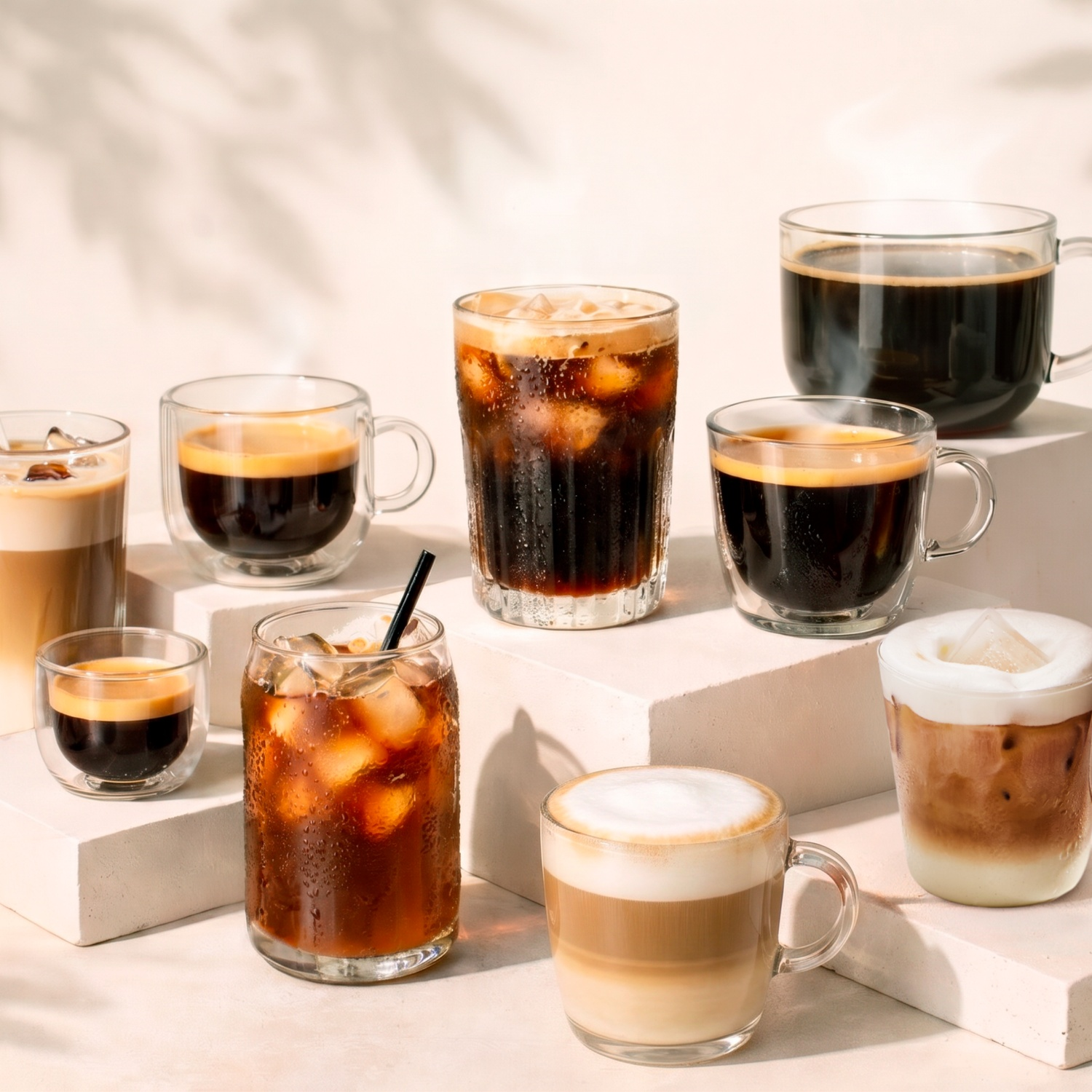 Variété de cafés, y compris café glacé, espresso et lattes, exposés sur des marches blanches.