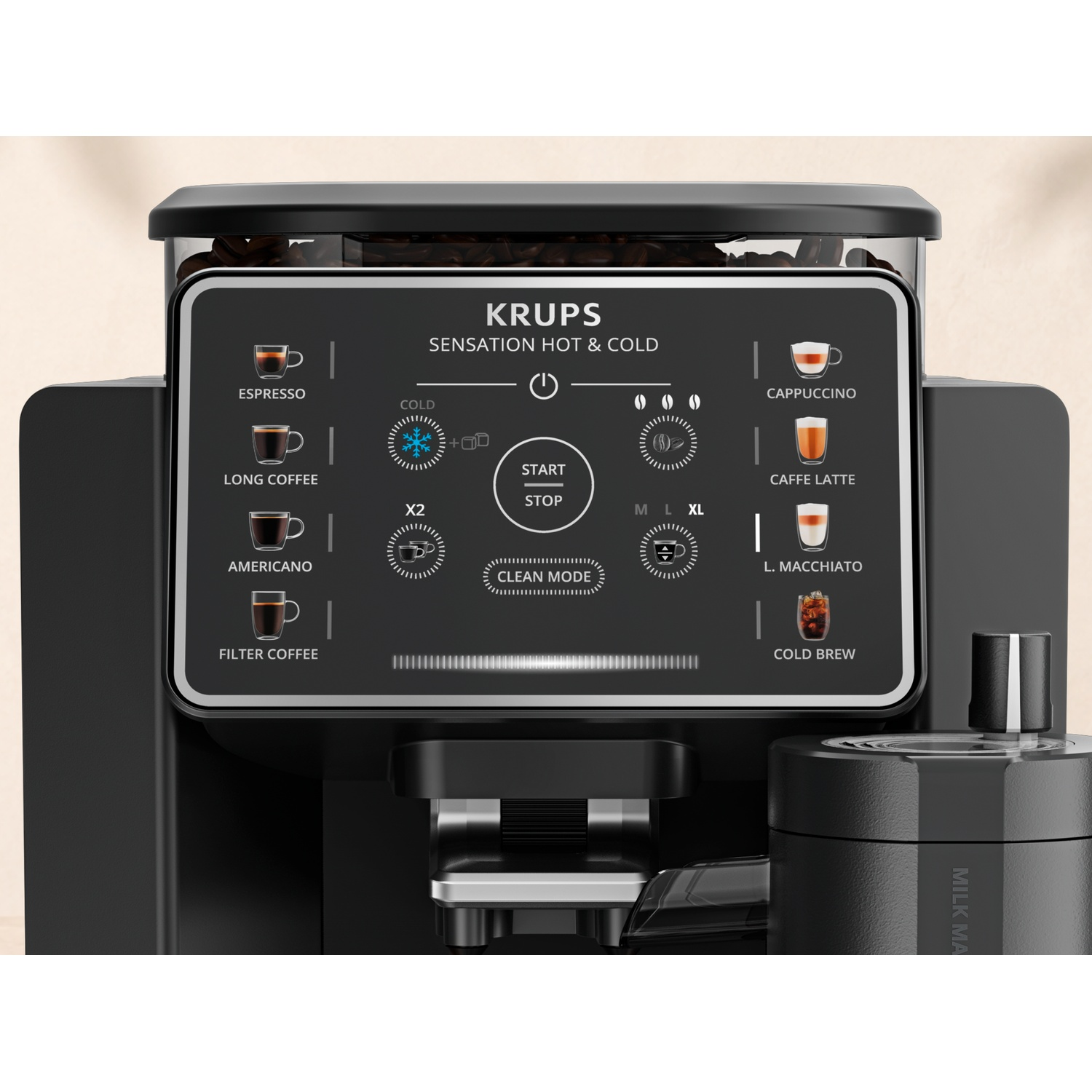 Panneau de commande d'une cafetière Krups Sensation noire avec des boutons tactiles pour différentes boissons.