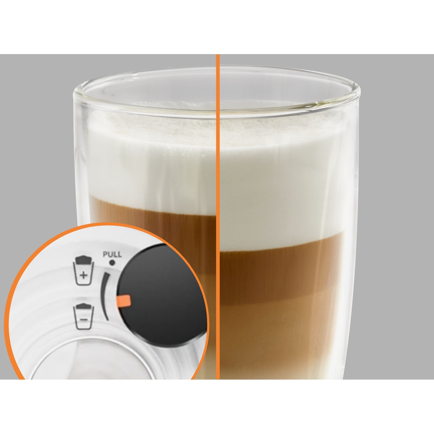 Un verre de latte macchiato avec de la mousse et un cadran agrandi avec des icônes plus et moins.
