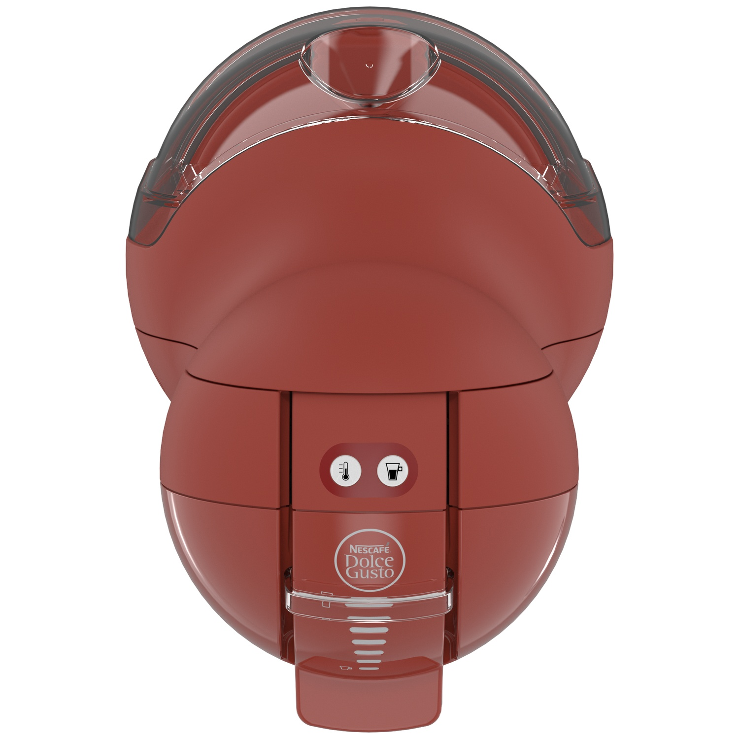 Rode NESCAFÉ Dolce Gusto koffiemachine van bovenaf, met ronde knoppen en helder waterreservoir.