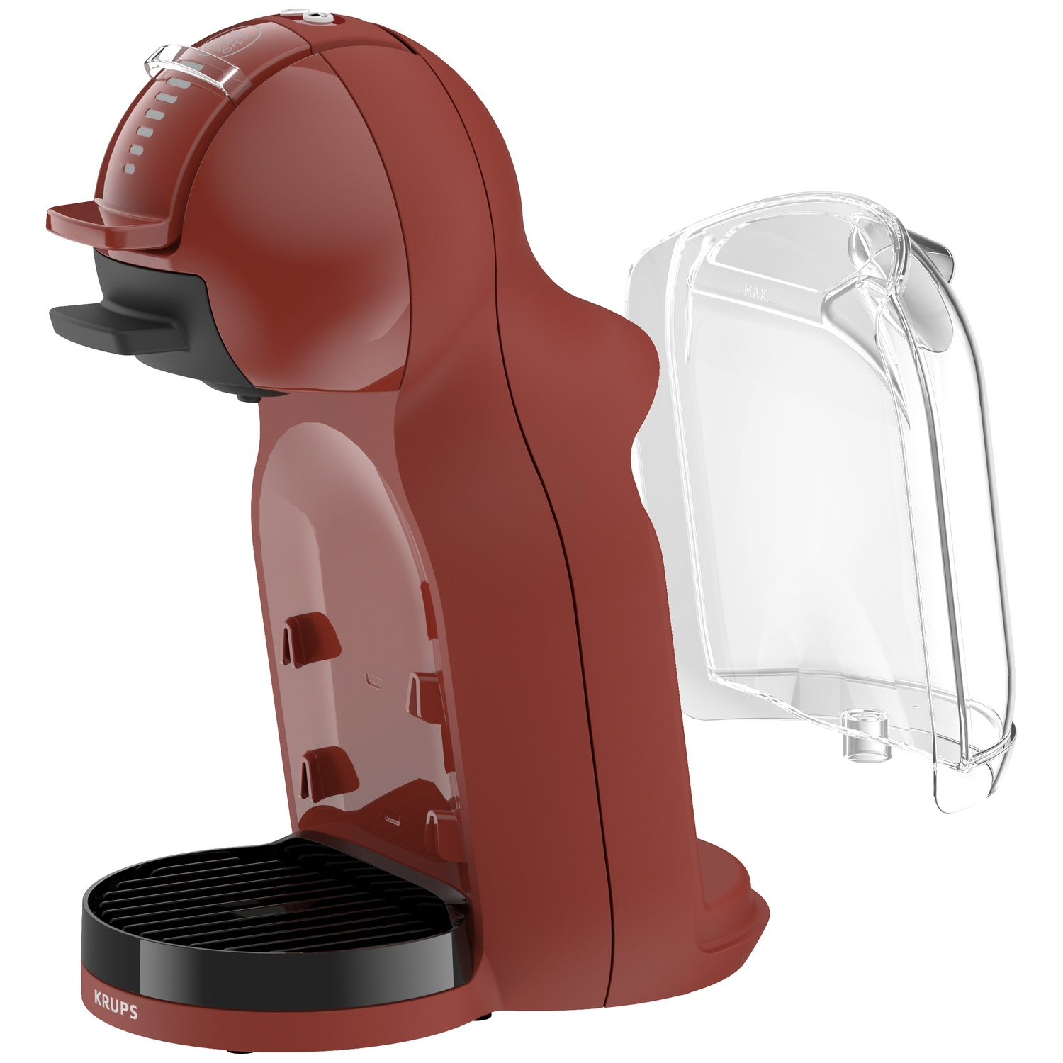 Een rode en zwarte koffiemachine met doorzichtige watertank op een witte achtergrond.