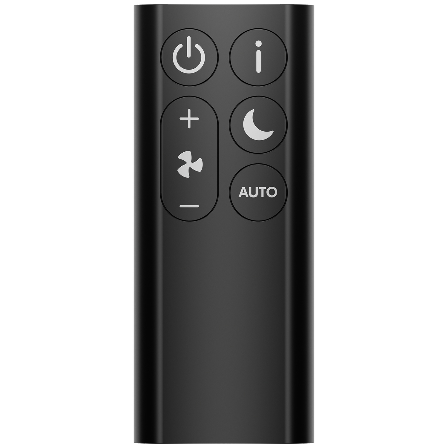 Télécommande noire avec boutons ronds pour alimentation, info, ventilateur, mode nuit et auto.