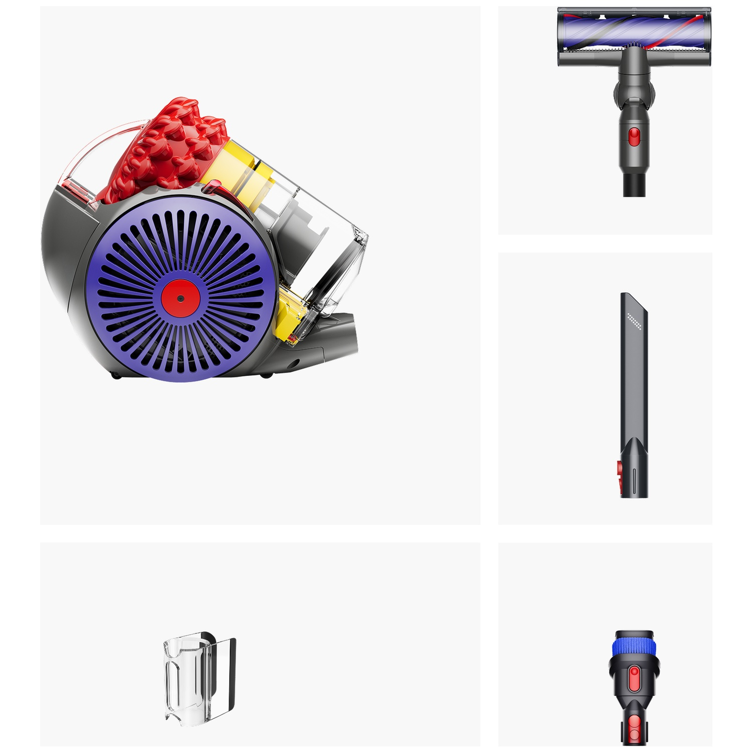 Dyson vacuum cleaner main unit with various attachments on white background.