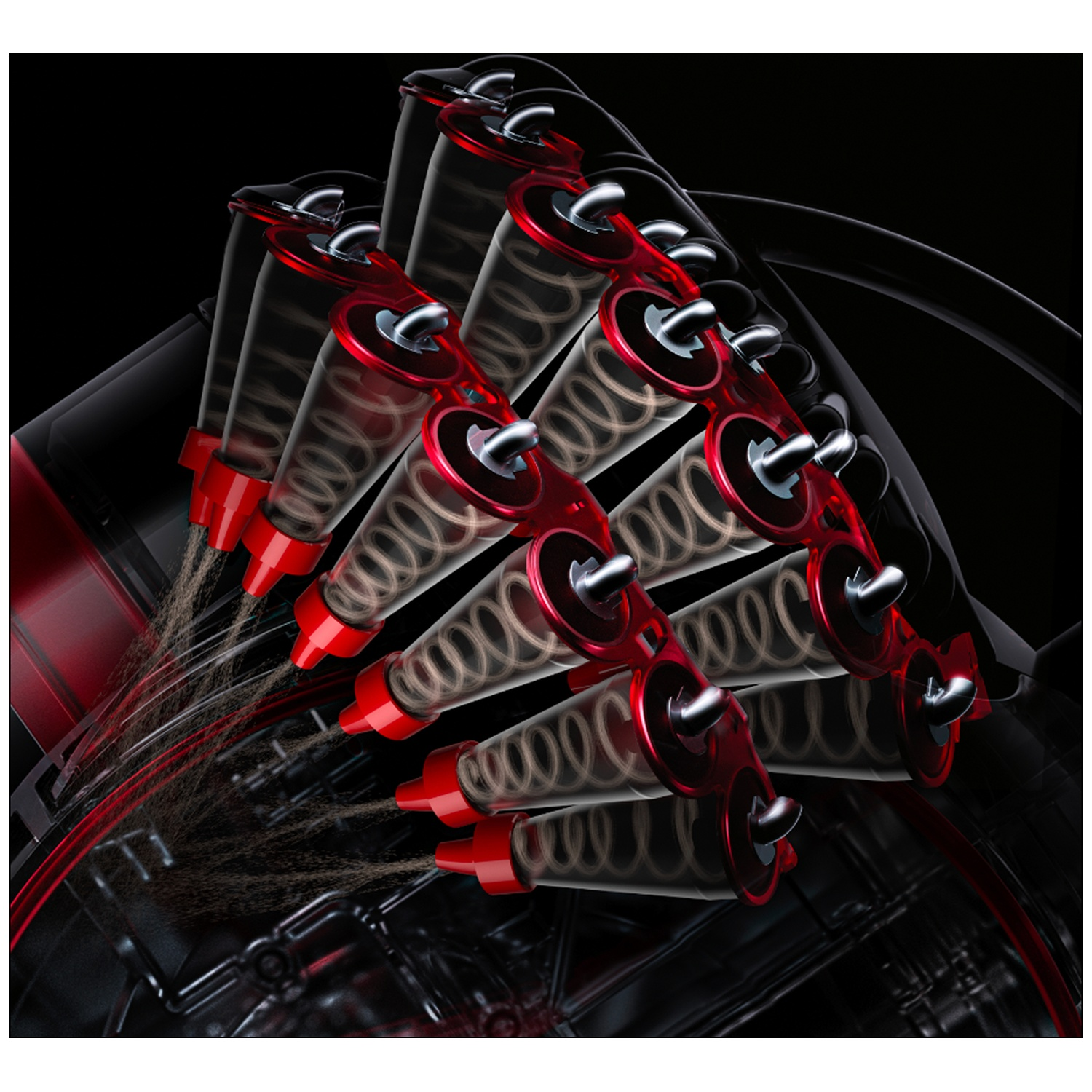 Technical view of red and black vacuum cleaner cyclones capturing spinning dust streams.
