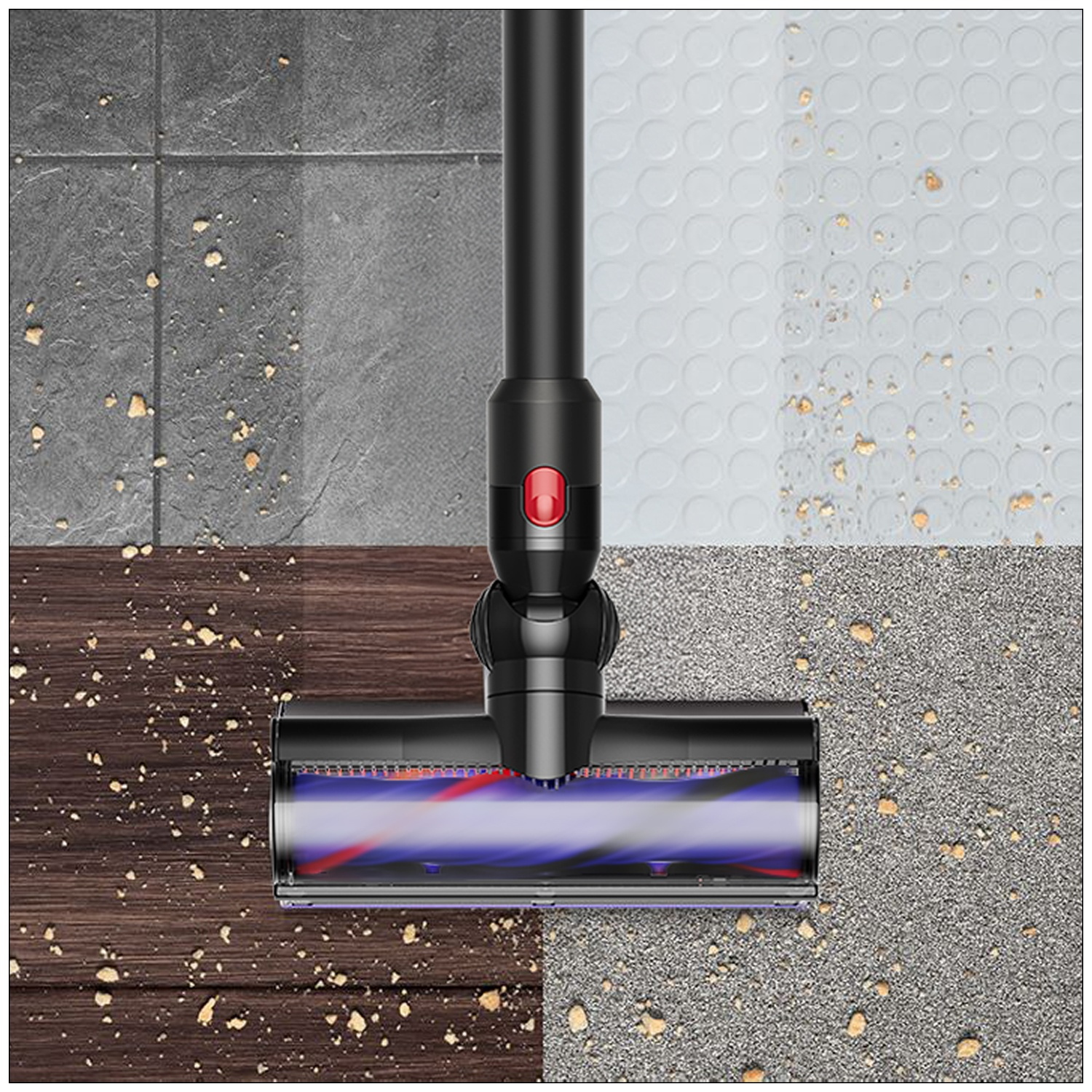 Vacuum cleaner brush cleaning various dirty floors including tiles, wood, and carpet.