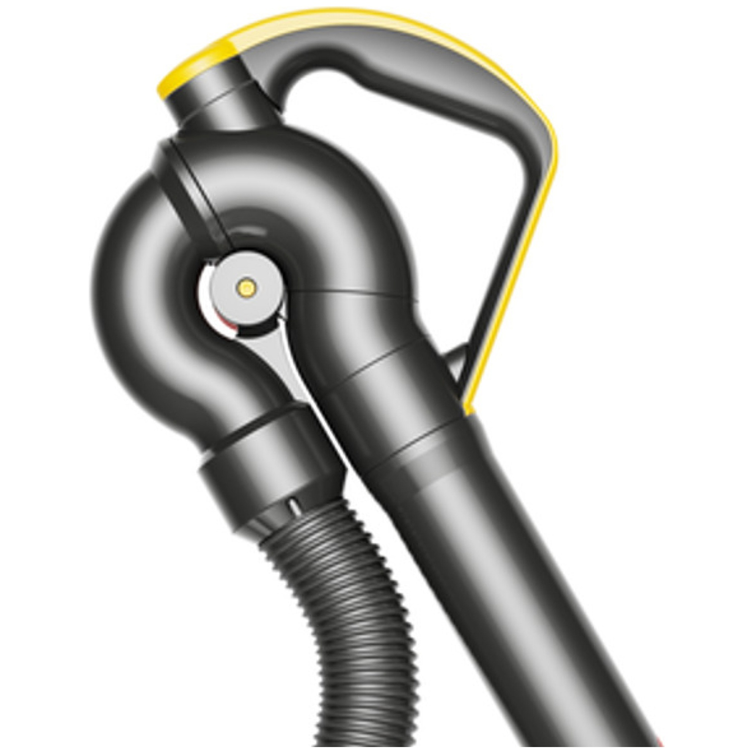A close-up of a black vacuum cleaner handle with yellow accents and a flexible corrugated hose.