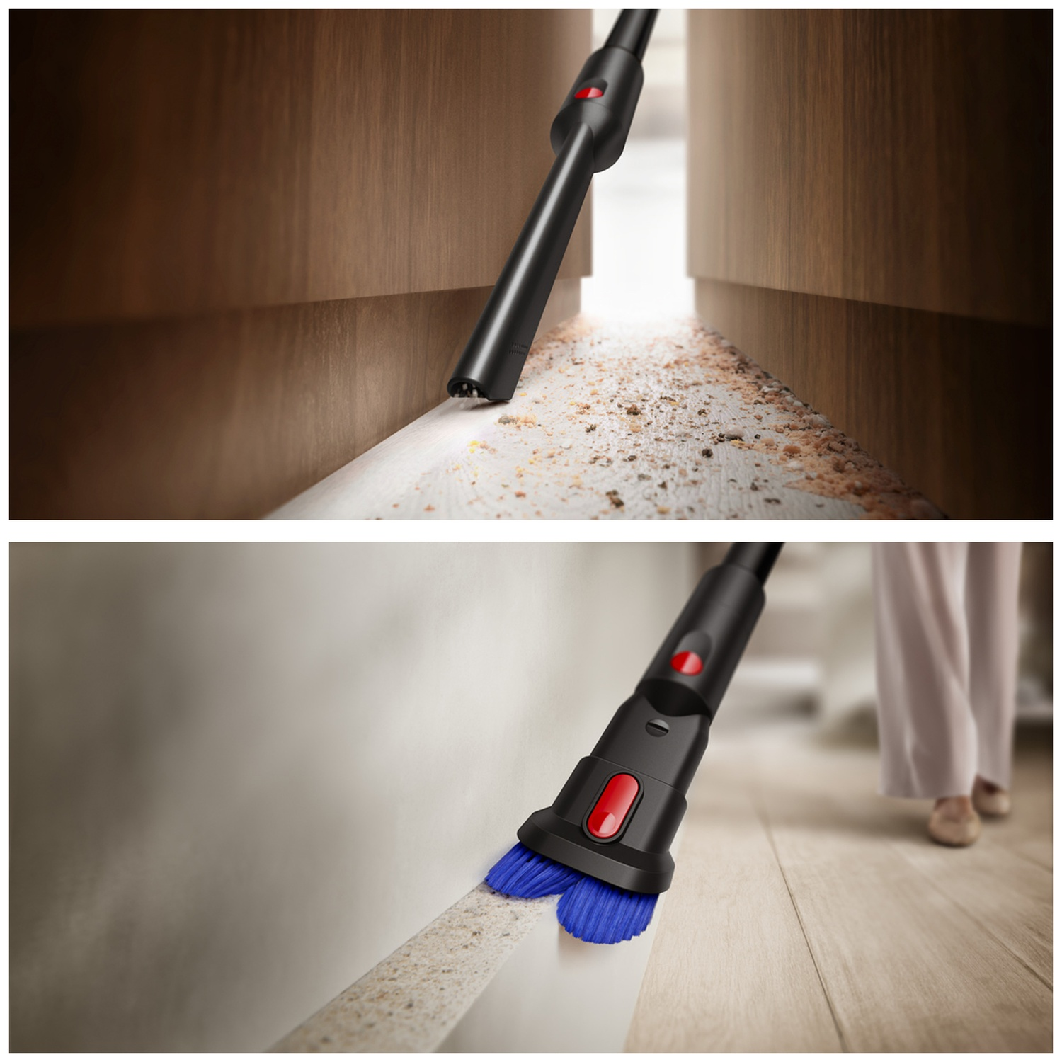 Vacuum attachments cleaning tight gaps and baseboards in a room.