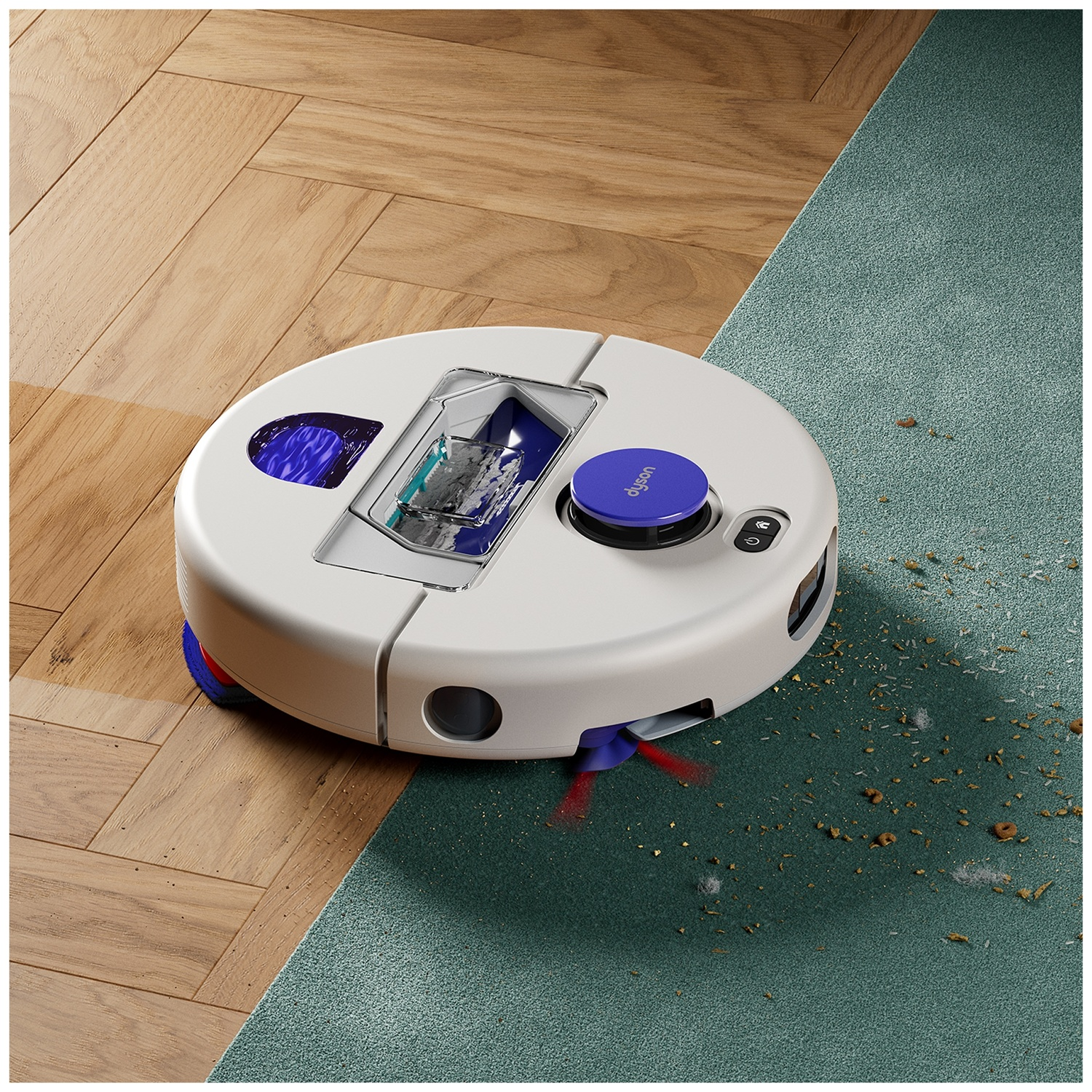 Een witte robotstofzuiger reinigt een groenblauw tapijt naast een houten visgraatvloer.