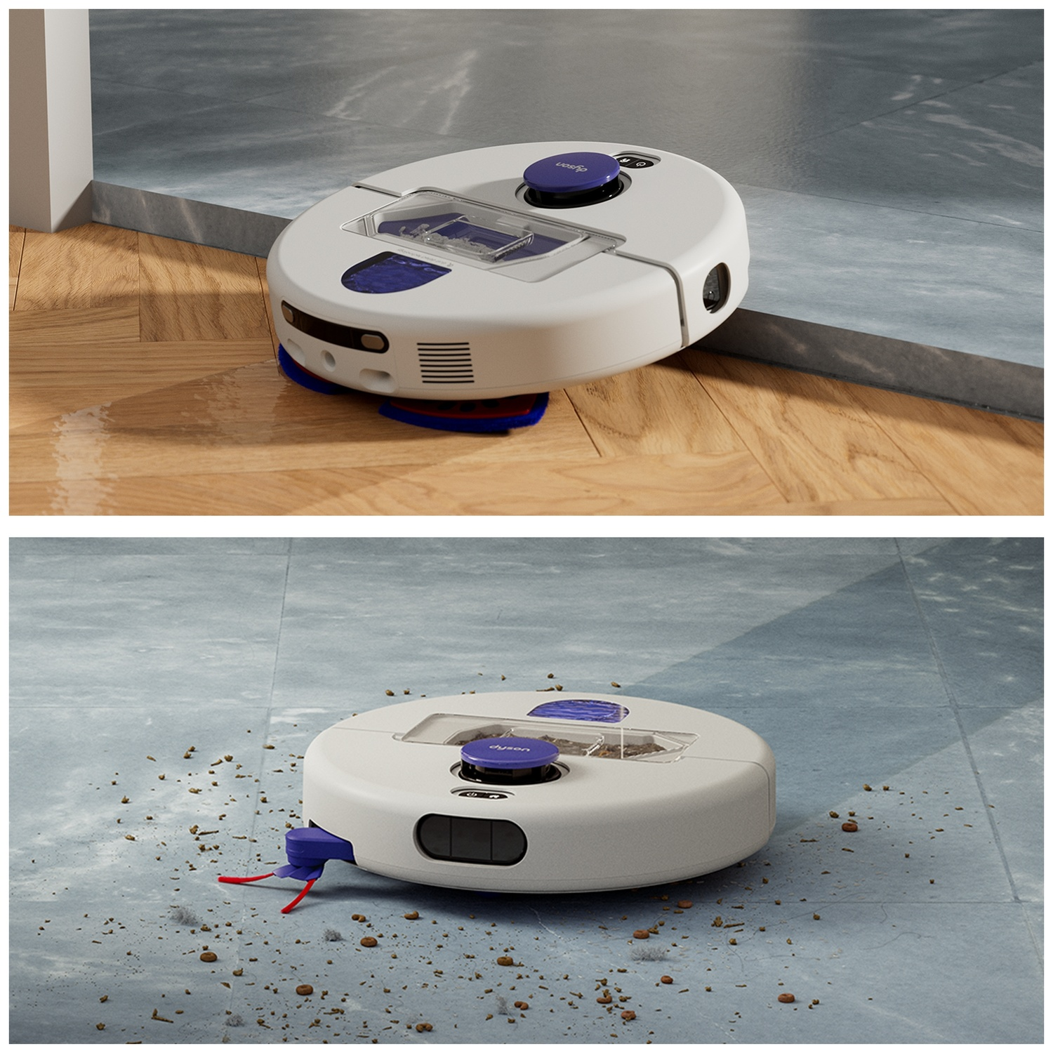 Een witte robotstofzuiger maakt houten vloeren en tegels schoon.