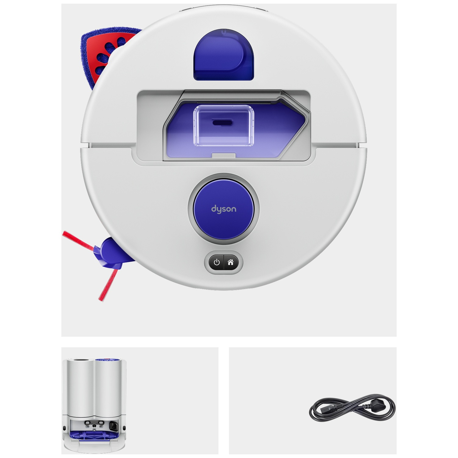 Bovenaanzicht van een witte Dyson robotstofzuiger met blauwe accenten, laadstation en stroomkabel op grijs.