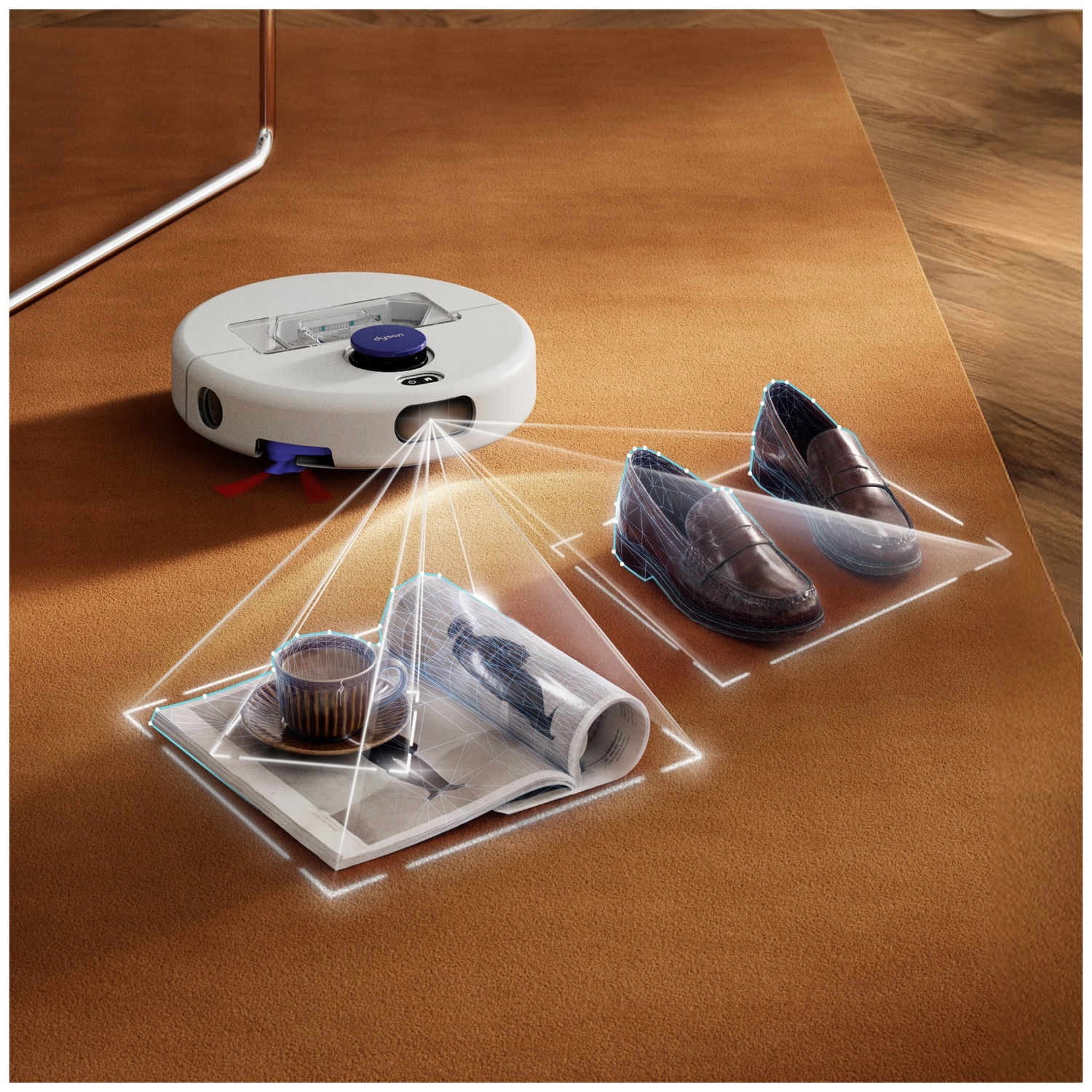 Een robotstofzuiger scant met blauw licht een tijdschrift met kopje en schoenen op een tapijt.