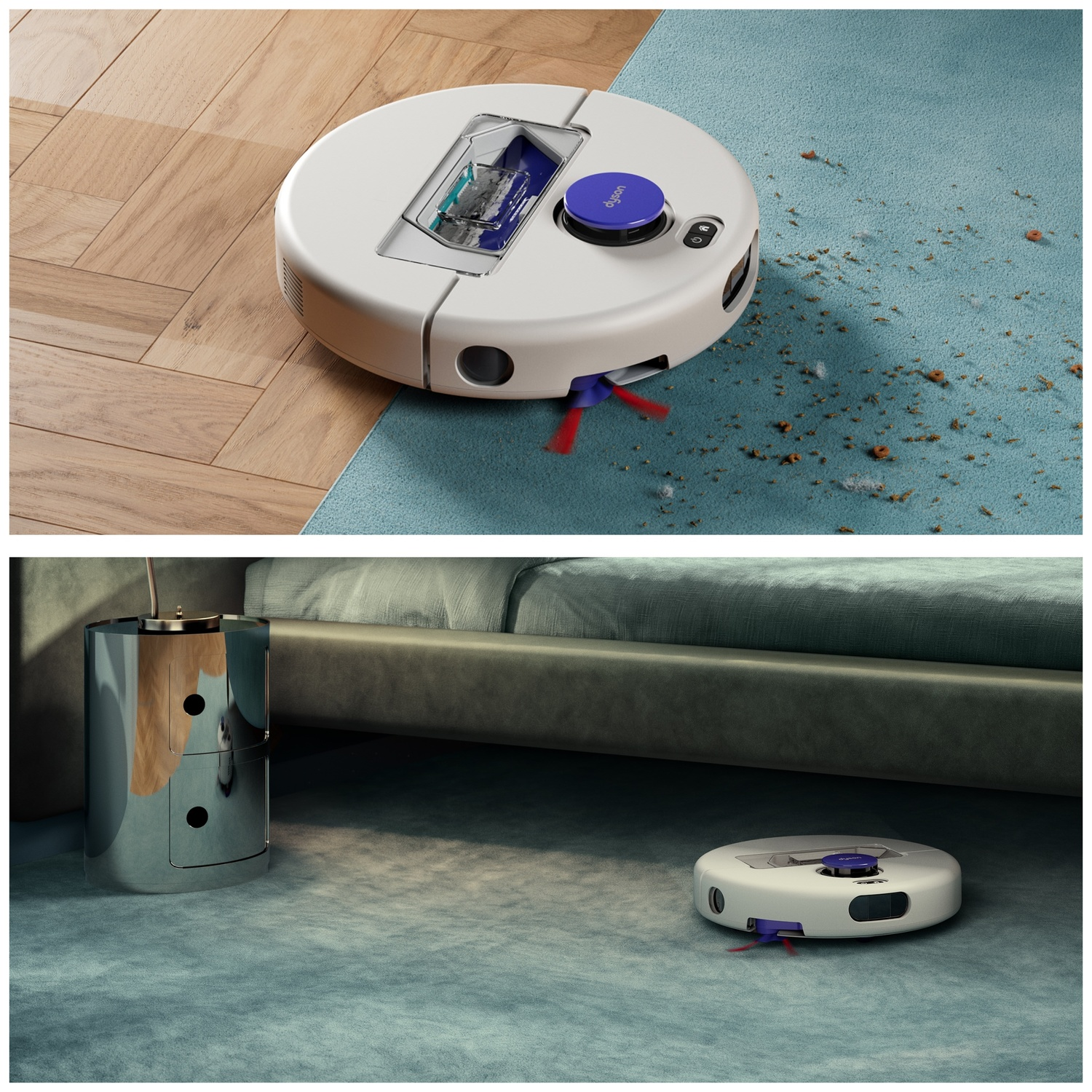 Een witte robotstofzuiger reinigt een blauw kleed met kruimels, onder reinigt hij onder een bed.