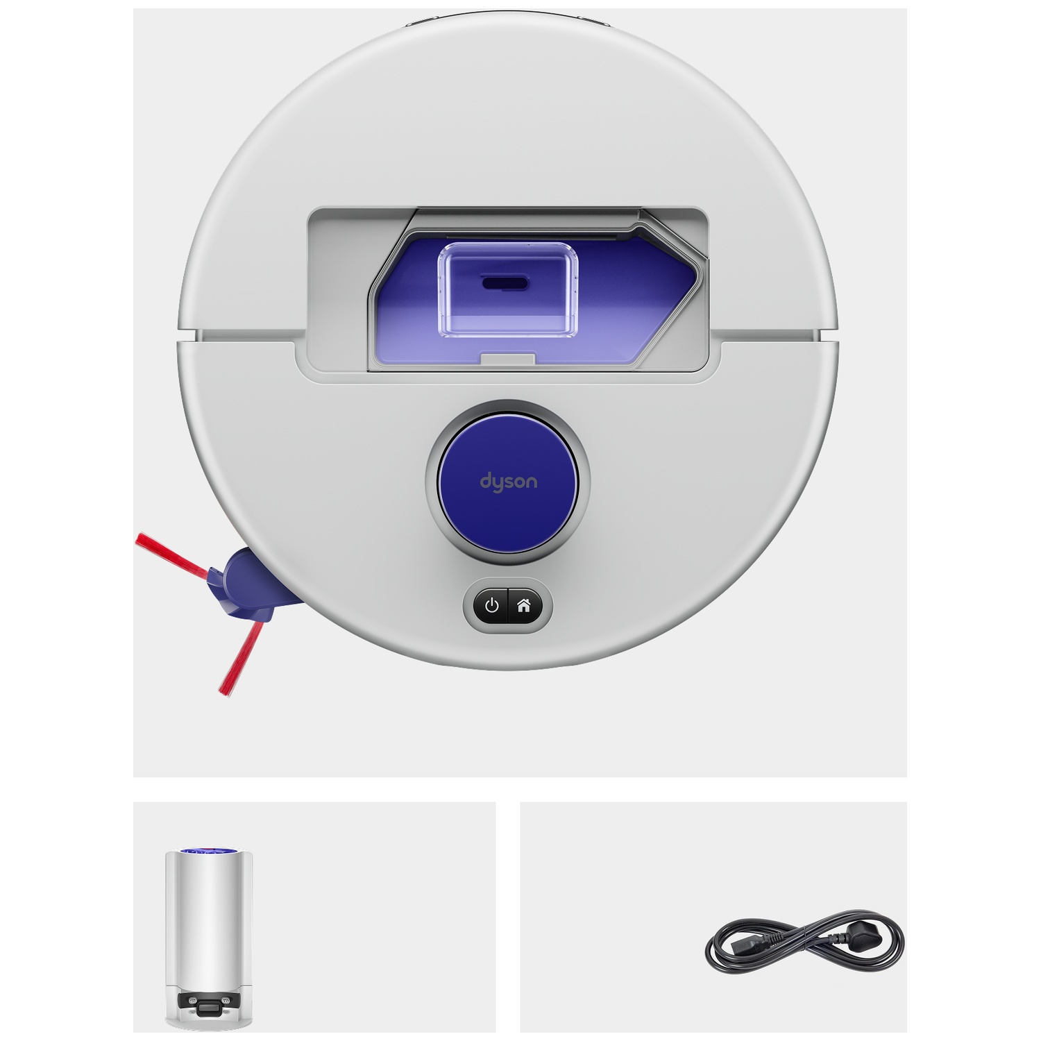 Bovenaanzicht van een ronde witte robotstofzuiger met blauwe accenten, een oplaadstation en een stroomsnoer op grijze achtergrond.