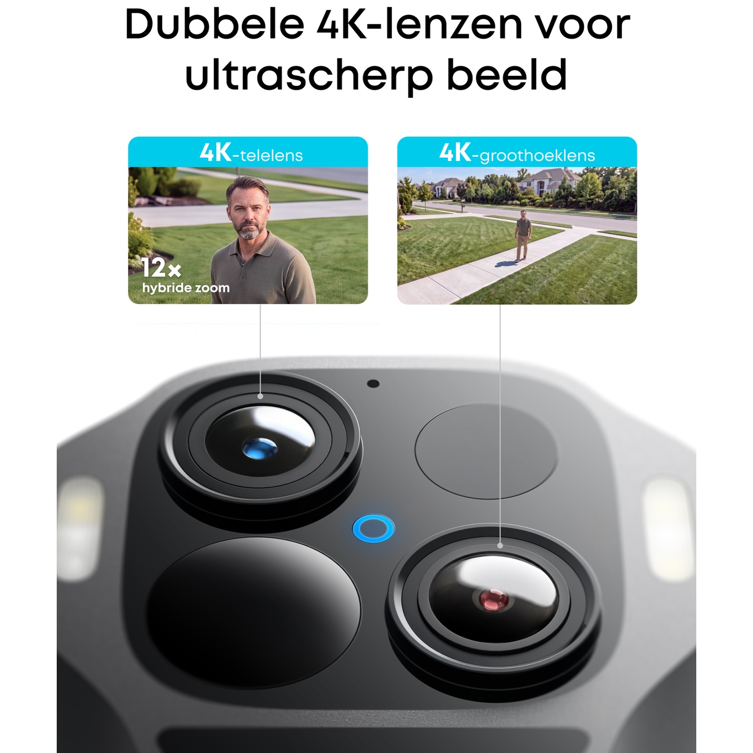 Dual 4K camera lenses showing telephoto and wide-angle views for sharp images.