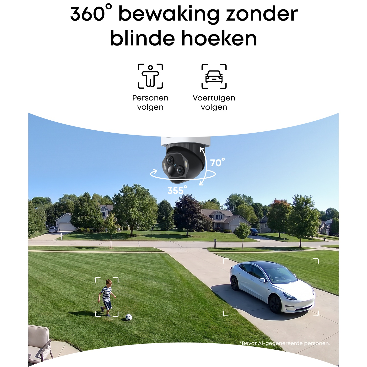 Surveillance camera tracks a child and a car in a suburban area.