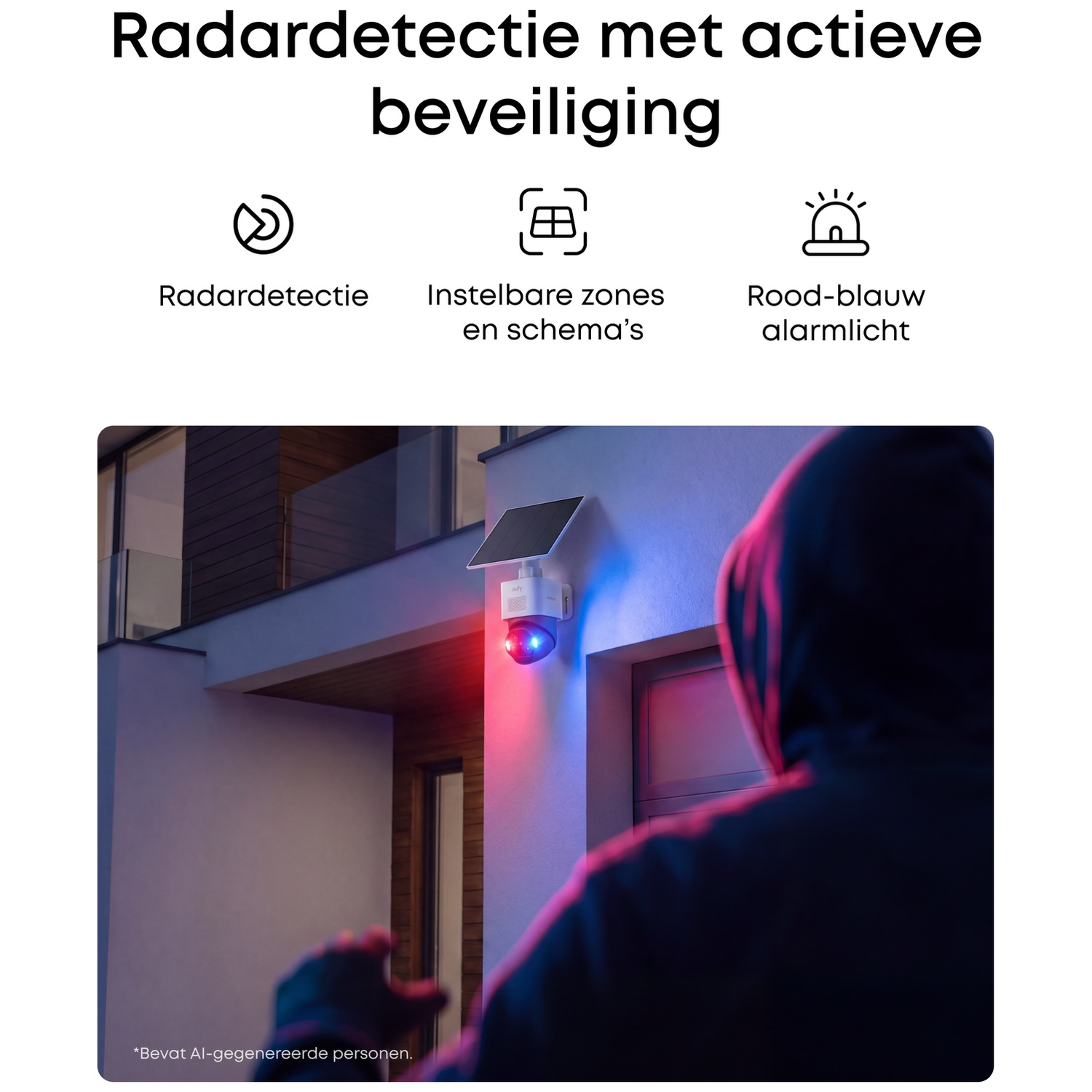 Security camera with solar panel and red-blue alarm light on a house, watched by a person in a hoodie.