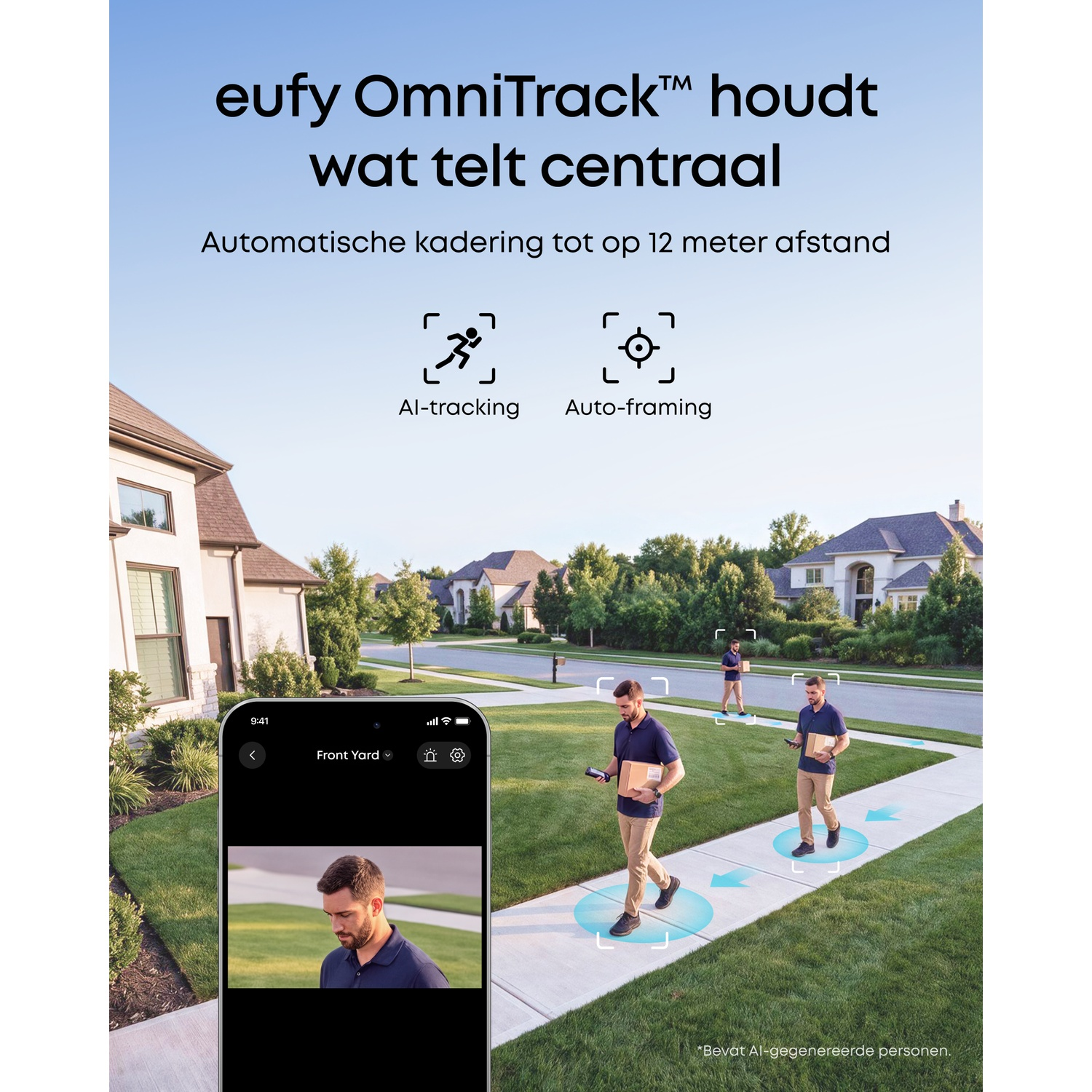 Smartphone screen shows AI tracking a person walking with a package on a suburban sidewalk.