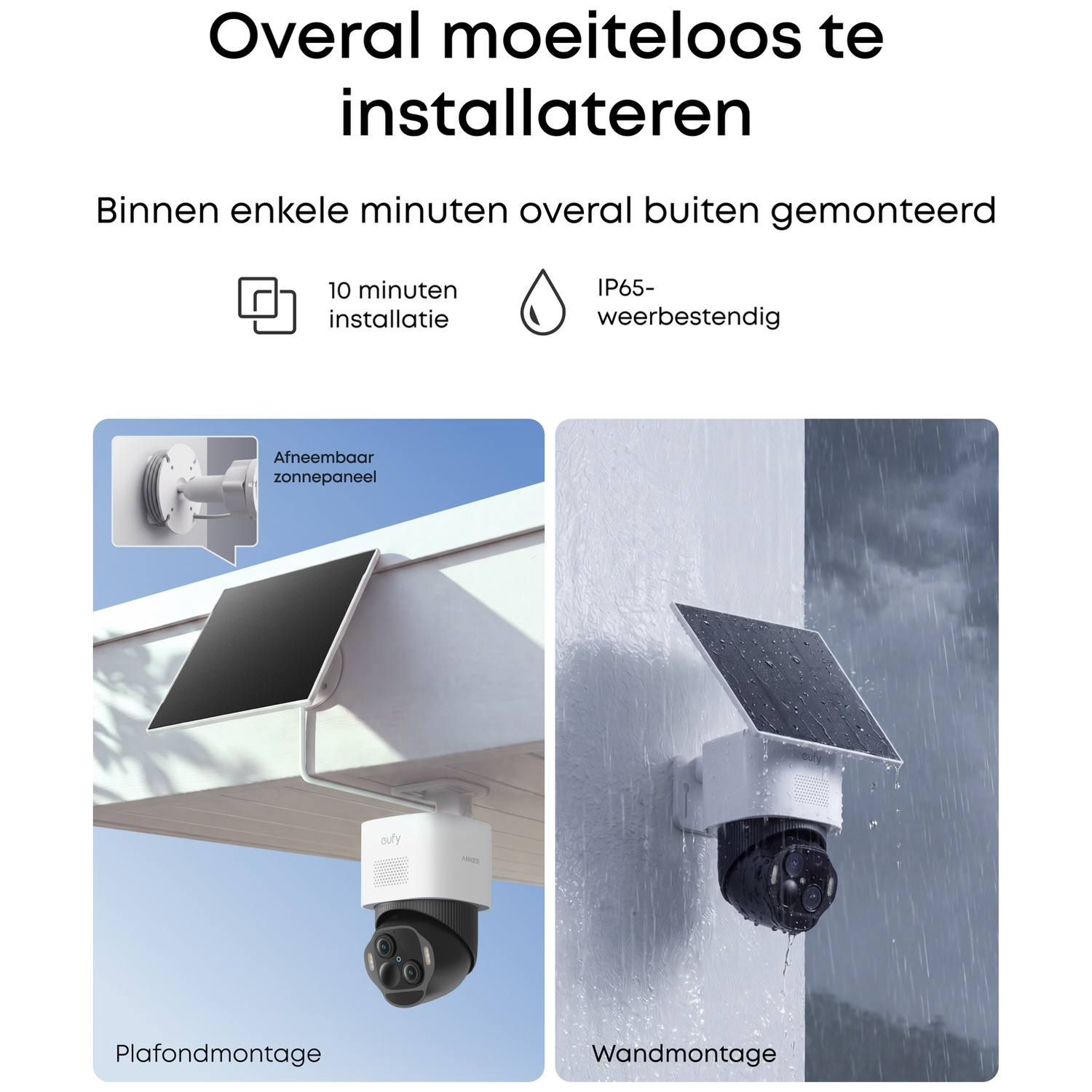 Eufy security camera with solar panel showing easy outdoor ceiling and wall mounting.