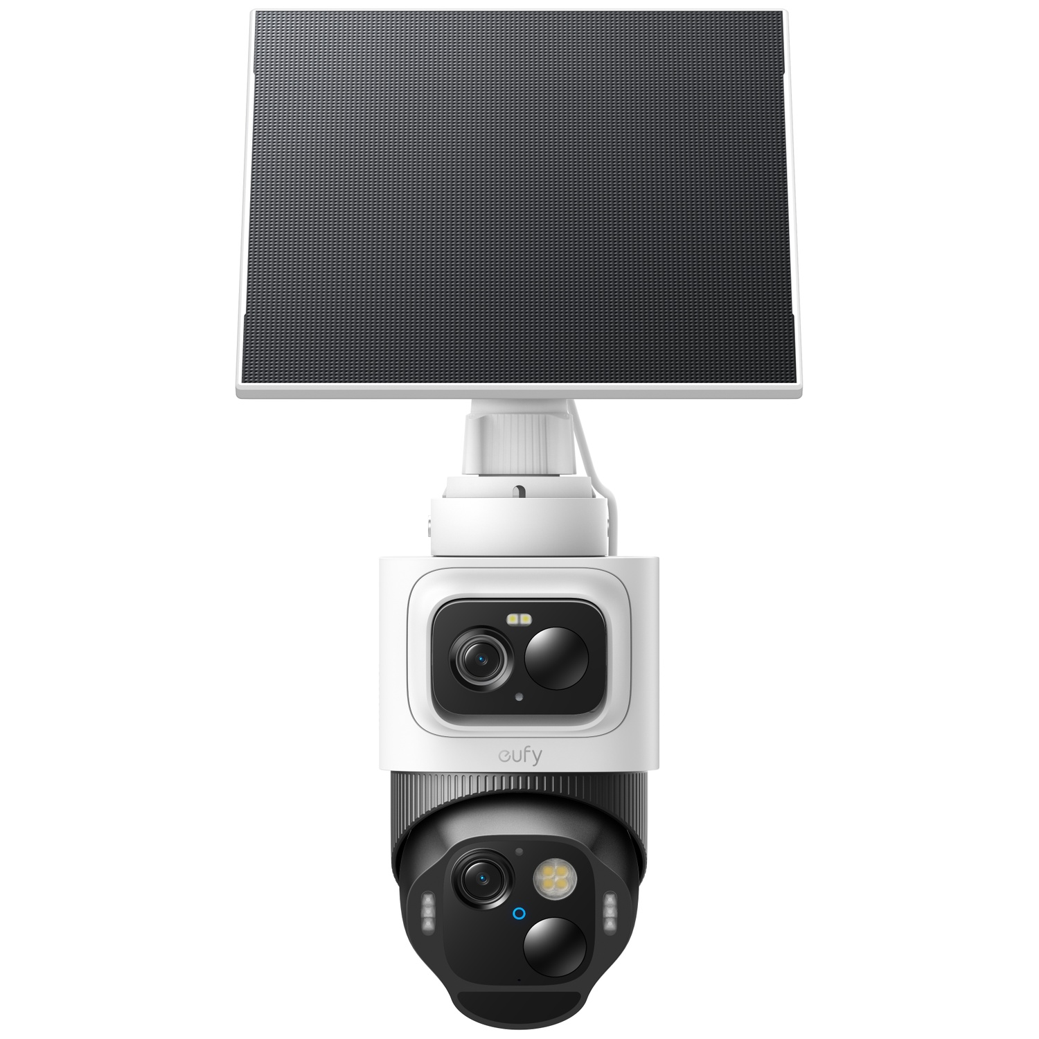 A white and black Eufy security camera with an attached solar panel against a white background.