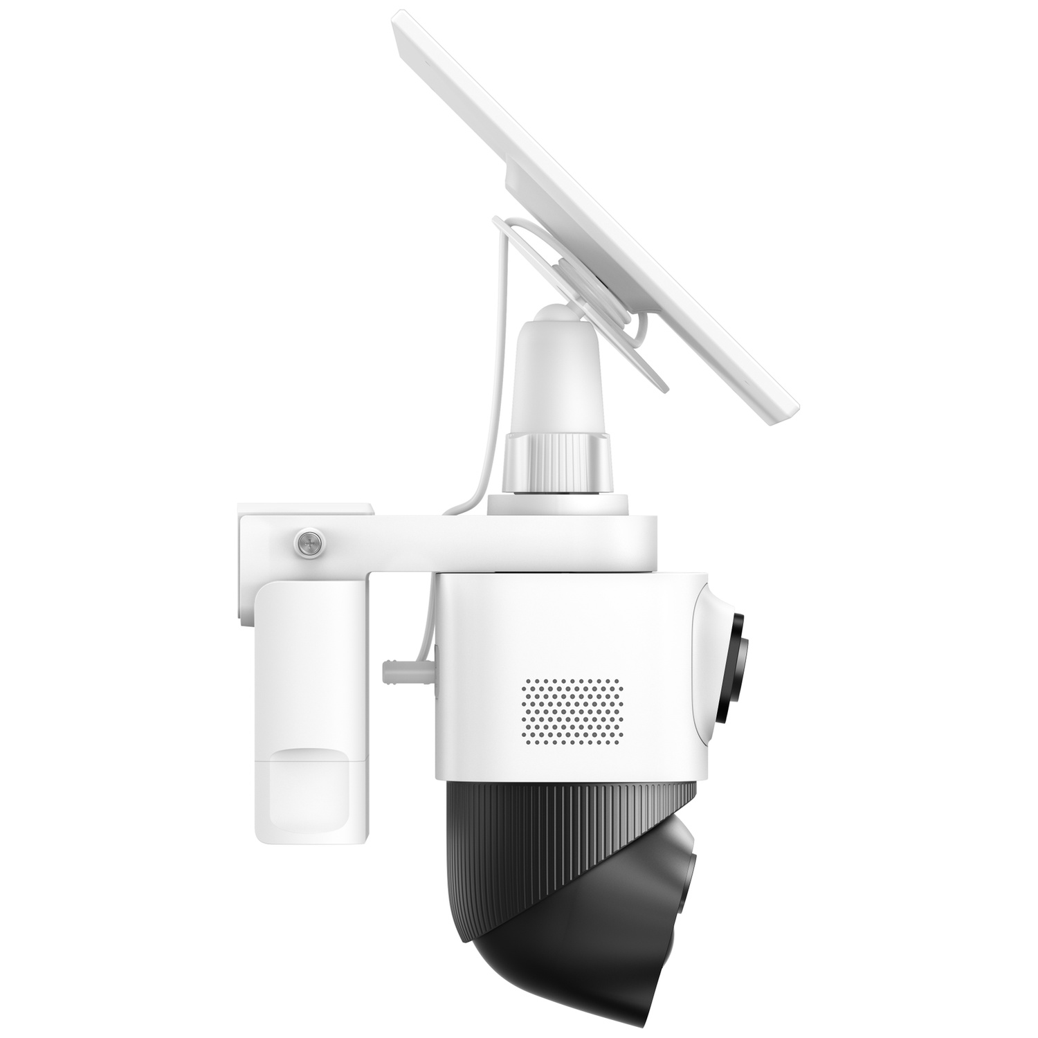 A white security camera with a solar panel against a white background.