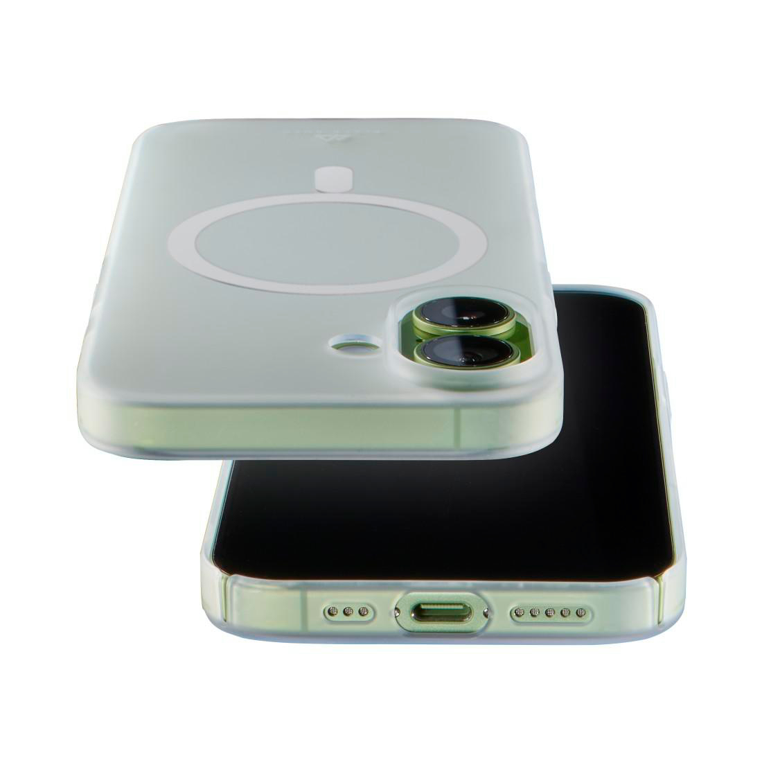 Ein Smartphone mit transparenter Hülle und MagSafe-Ring, gezeigt von hinten und unten auf weißem Hintergrund.