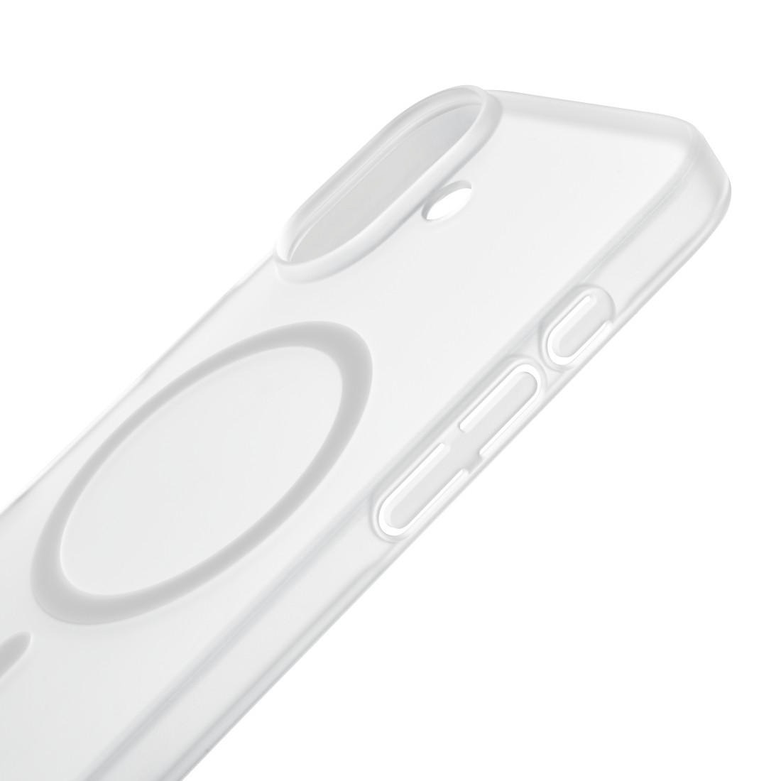 Transparente Handyhülle mit MagSafe-Ring und Knöpfen auf weißem Hintergrund.