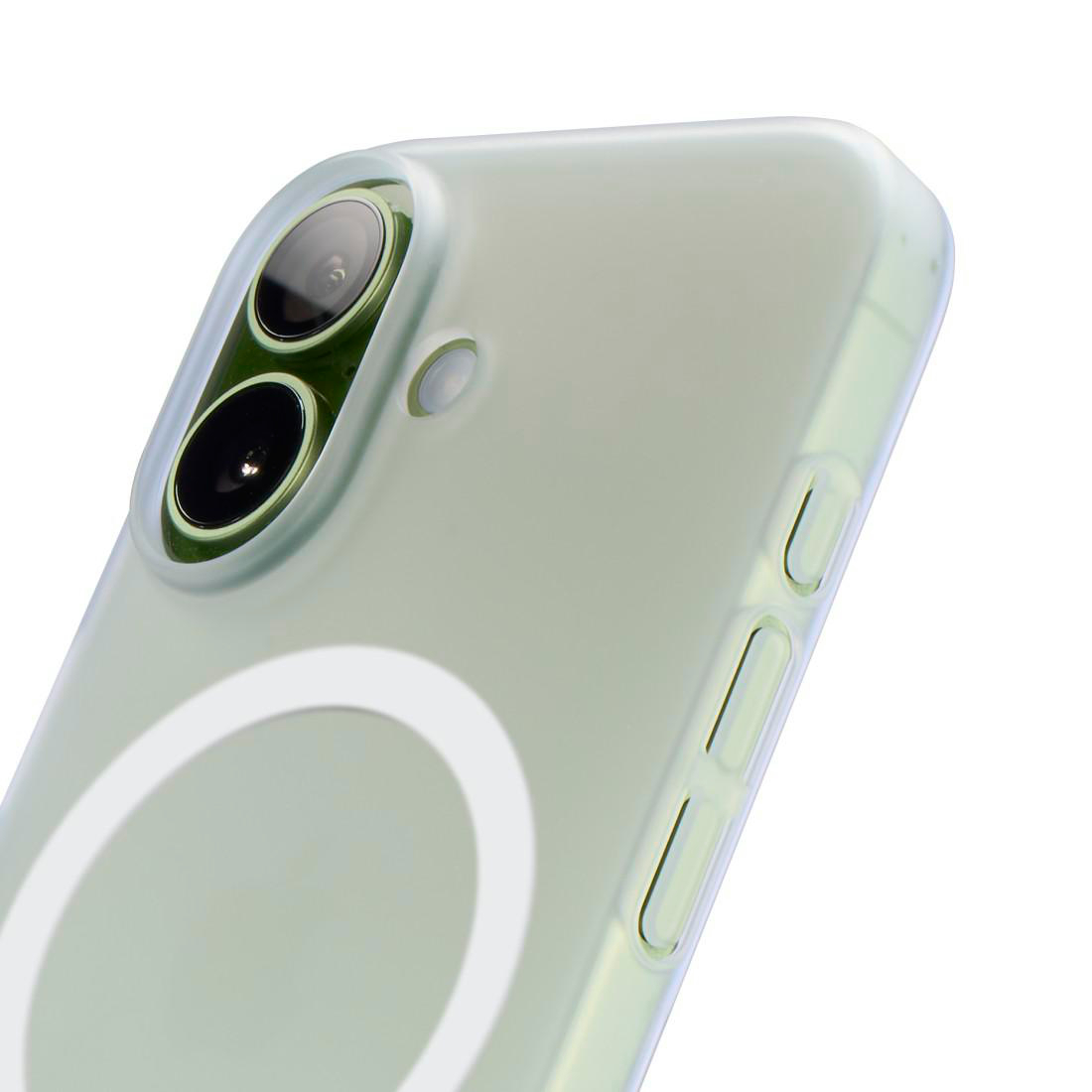 Rückseite eines mintgrünen Smartphones mit Kamera, Blitz und magnetischem Ring auf weißem Hintergrund.