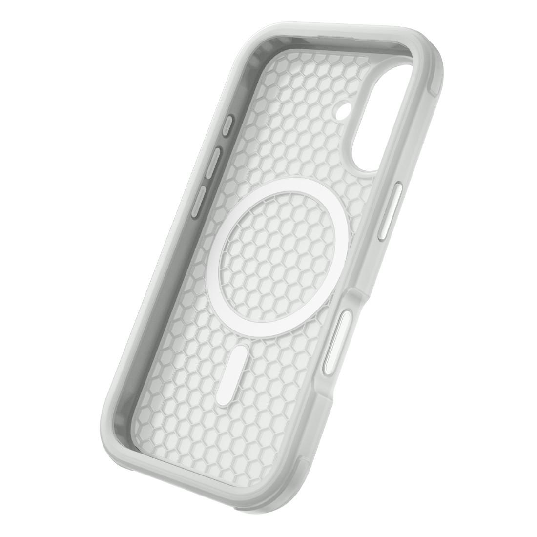 Eine weiße Smartphone-Hülle mit Wabenmuster und MagSafe-Ring im Inneren.