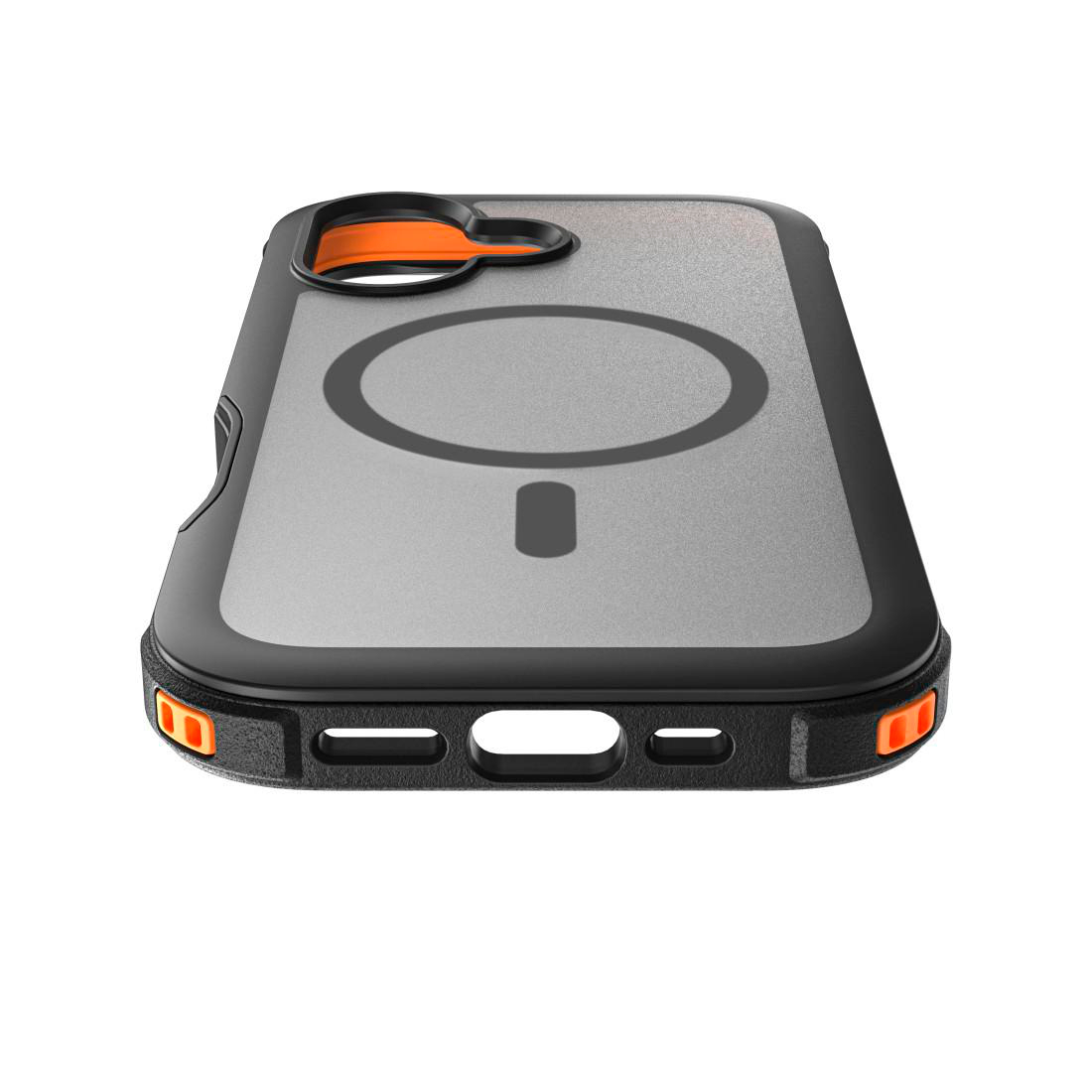 Eine schwarze und durchsichtige Handyhülle mit orangen Akzenten, MagSafe-Ring und Anschlüssen unten.