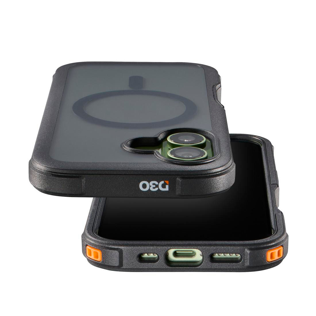 Ein schwarzes, robustes Smartphone-Case mit MagSafe-Ring, D3O-Logo und Dual-Kamera-Ausschnitt, von hinten und unten.