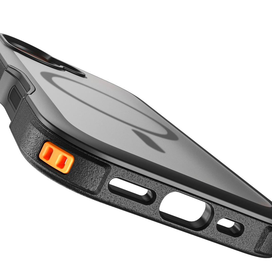 Nahaufnahme einer robusten schwarzen Smartphone-Hülle mit strukturierten Seiten und orangen Tasten.