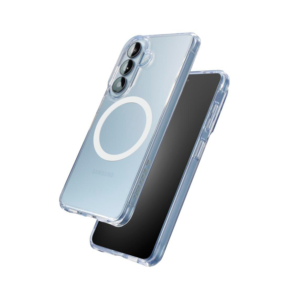 Ein Smartphone in einer transparenten Schutzhülle mit magnetischem Ring auf der Rückseite.