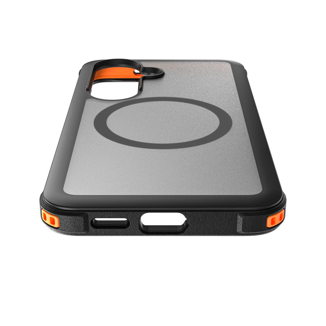 Eine robuste schwarze und orangefarbene Handyhülle mit transparenter Rückseite und magnetischem Ring.