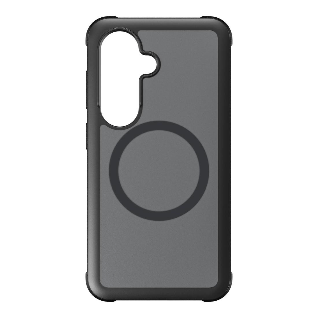 Schwarze, matte Smartphone-Hülle mit Kamera-Aussparung und einem runden Magnetring auf der Rückseite.