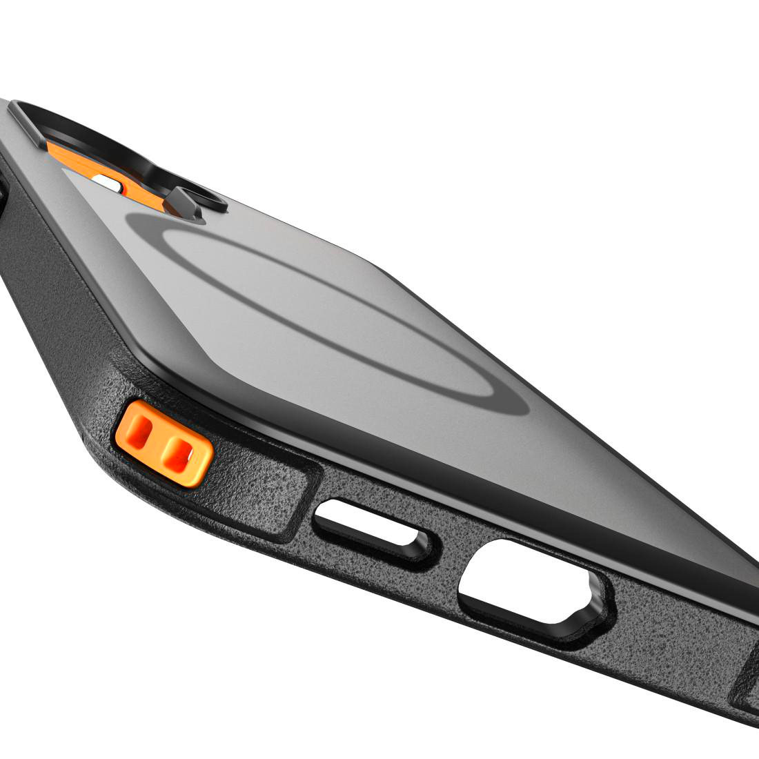Schwarze Schutzhülle für ein Smartphone mit orangefarbenen Knöpfen und präzisen Ausschnitten auf hellem Hintergrund.
