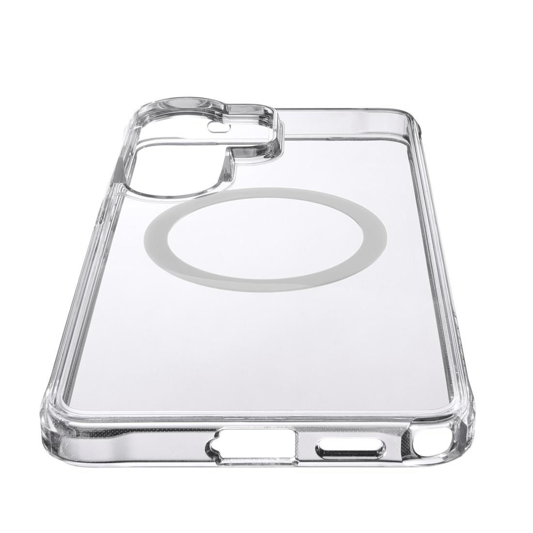 Transparente Handyhülle mit MagSafe-Ring und Kameraaussparung auf weißem Hintergrund.